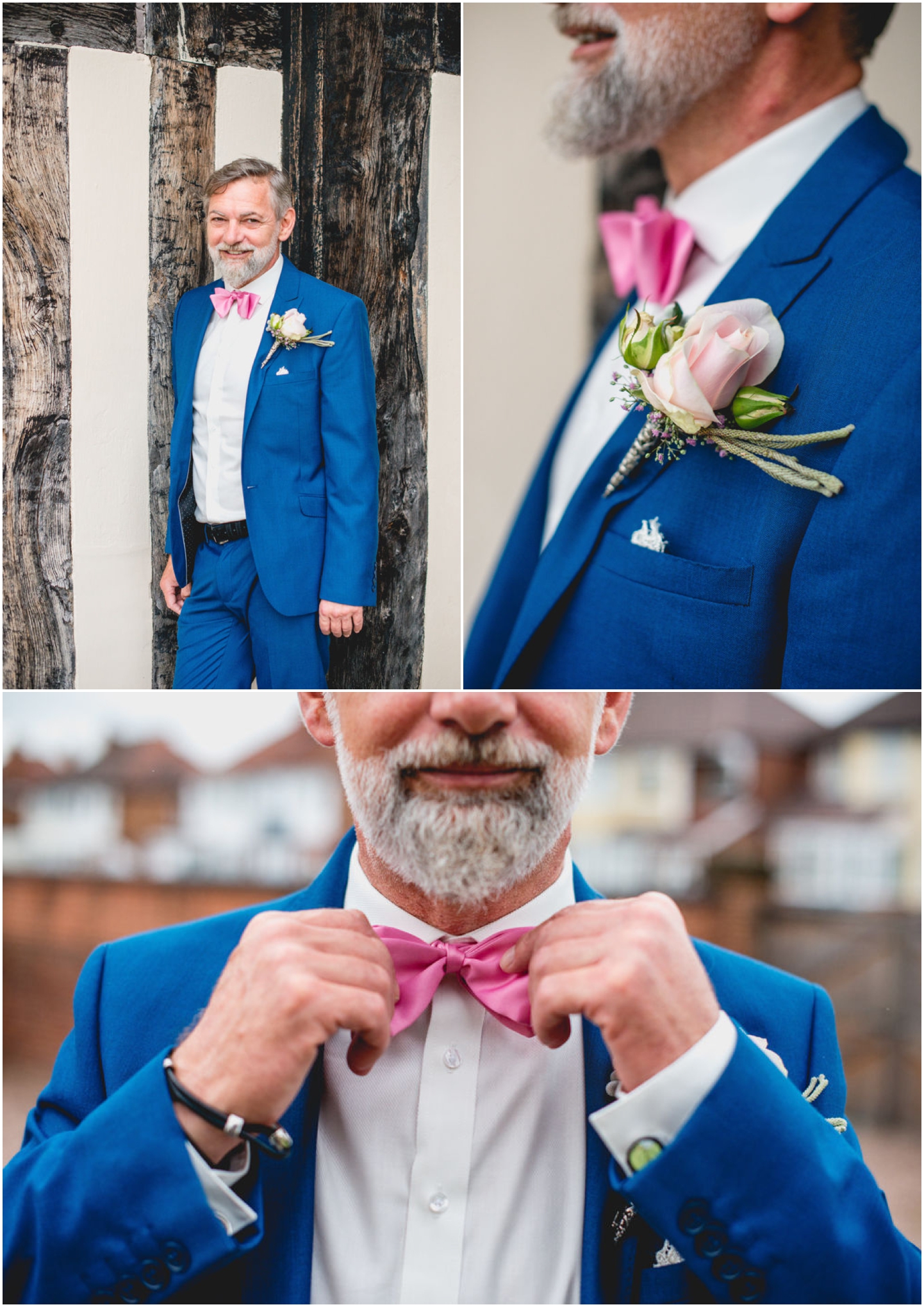 Daniella and Mark Wedding at Blakesley Hall in Birmingham, West Midlands by Lisa Carpenter Photography, Sutton Coldfield based wedding photographer, groom, blue suit, pink bow tie