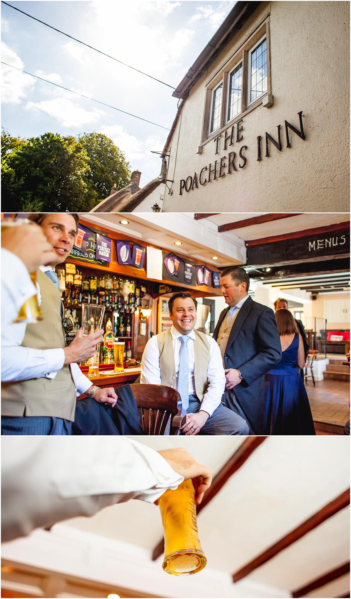 Groom and ushers relax in a pub before their Dorset wedding in Cerne Abbas.