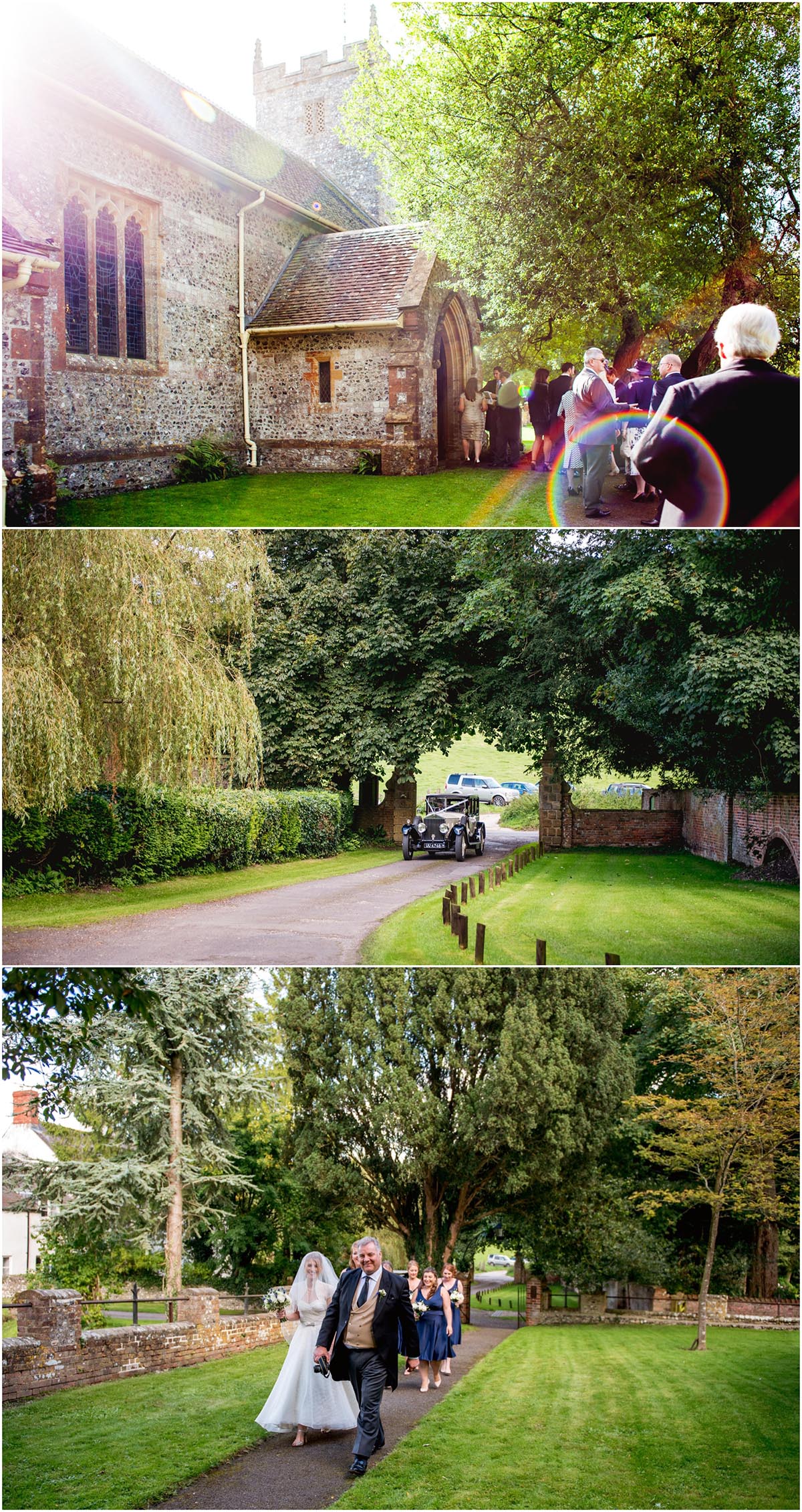 Bride and her father arrive for a Dorset Wedding in Cerne Abbas in a vintage Rolls Royce.
