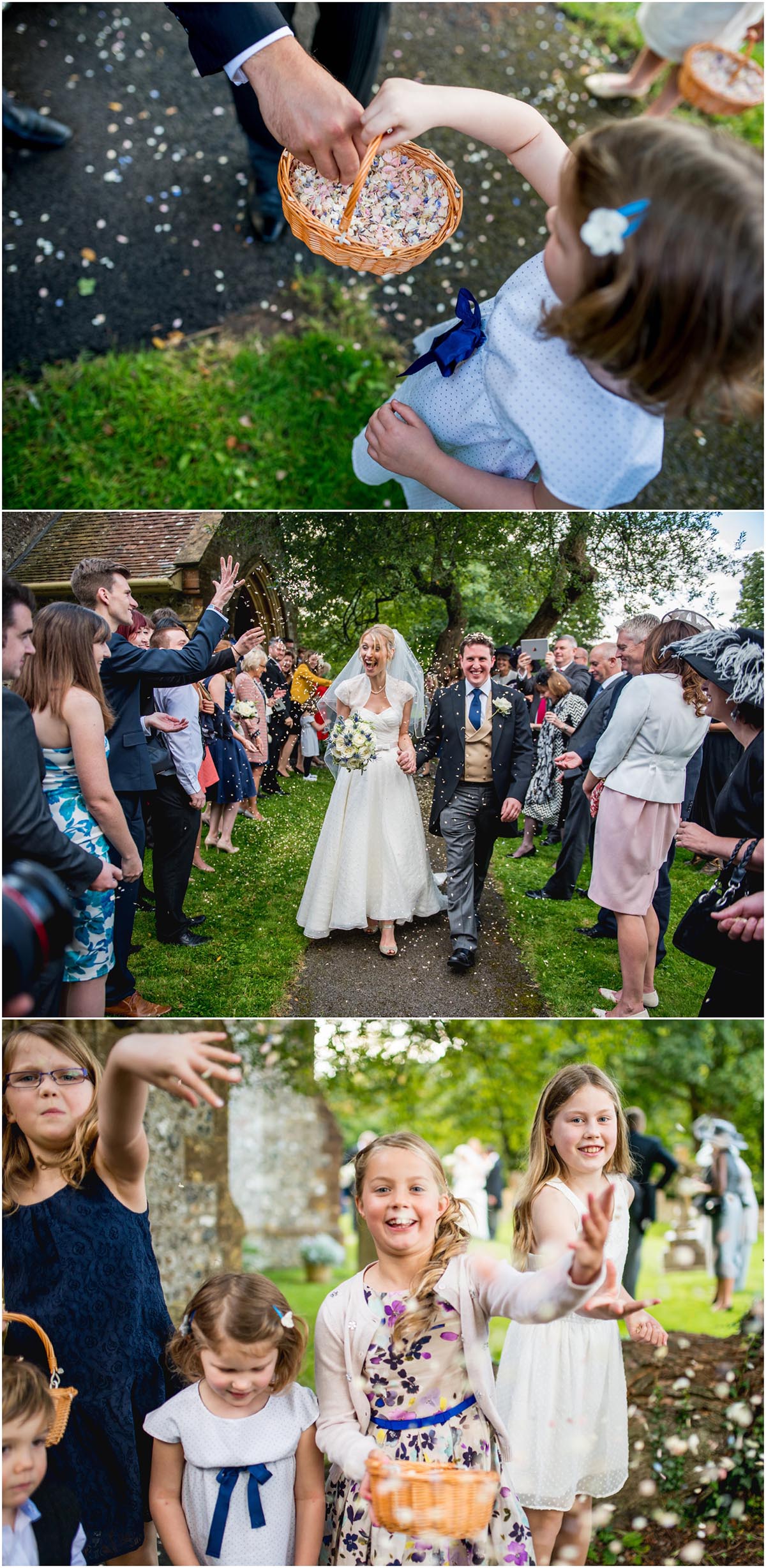 Confetti tunnel outside a church at a Dorset Wedding in Cerne Abbas.