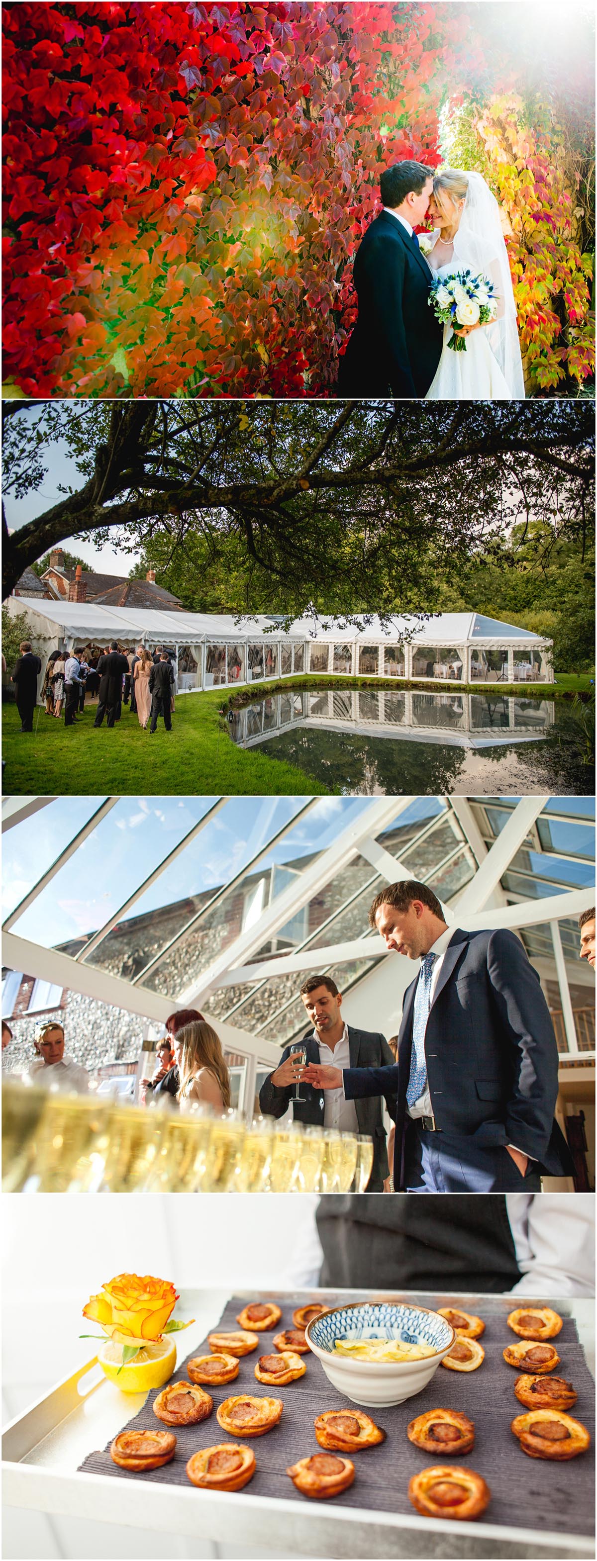 Details from a summer wedding in Cerne Abbas with bride and groom against red hedge and champagne being served