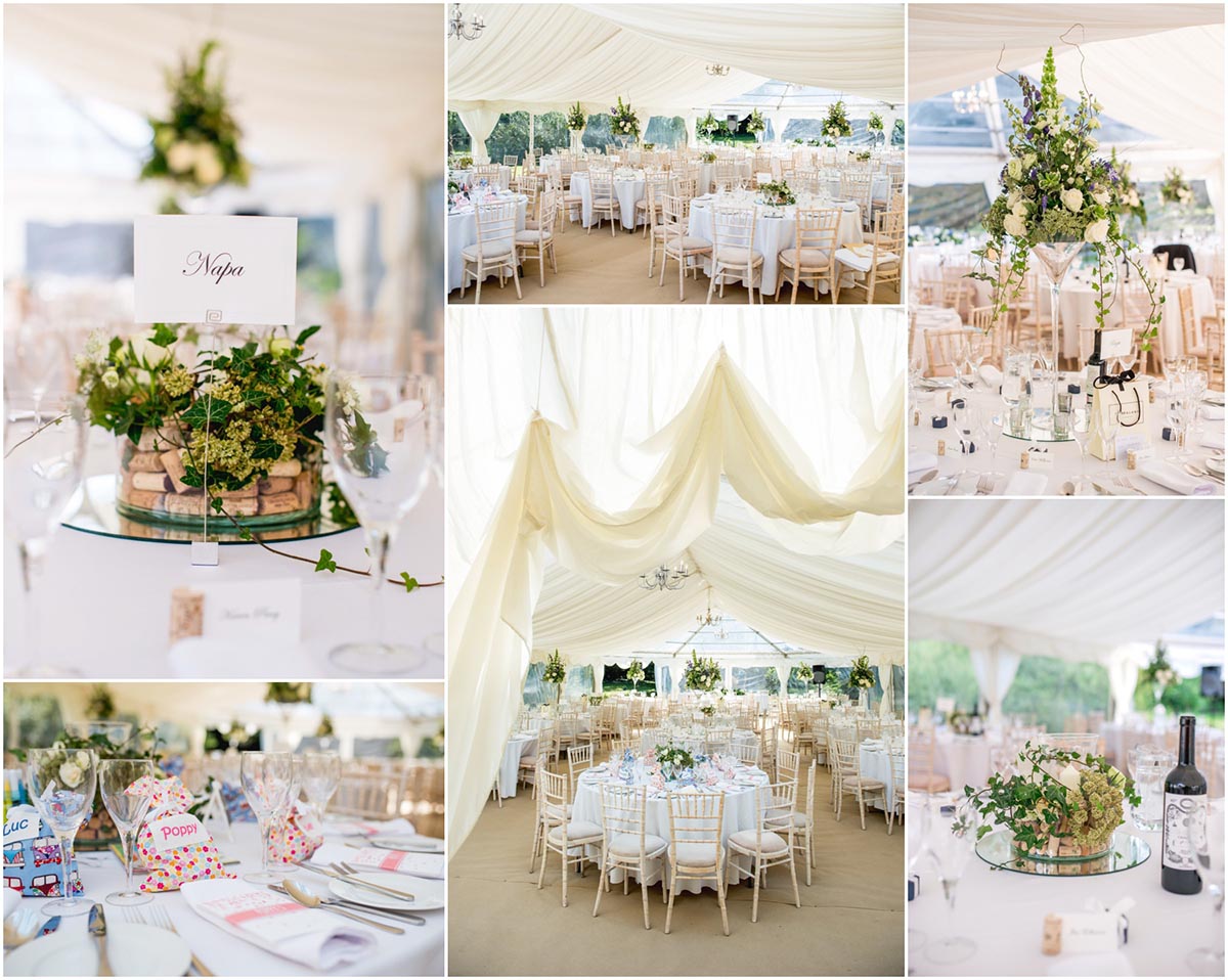 Table details at a Dorset Wedding in Cerne Abbas in a marquee on a family home.