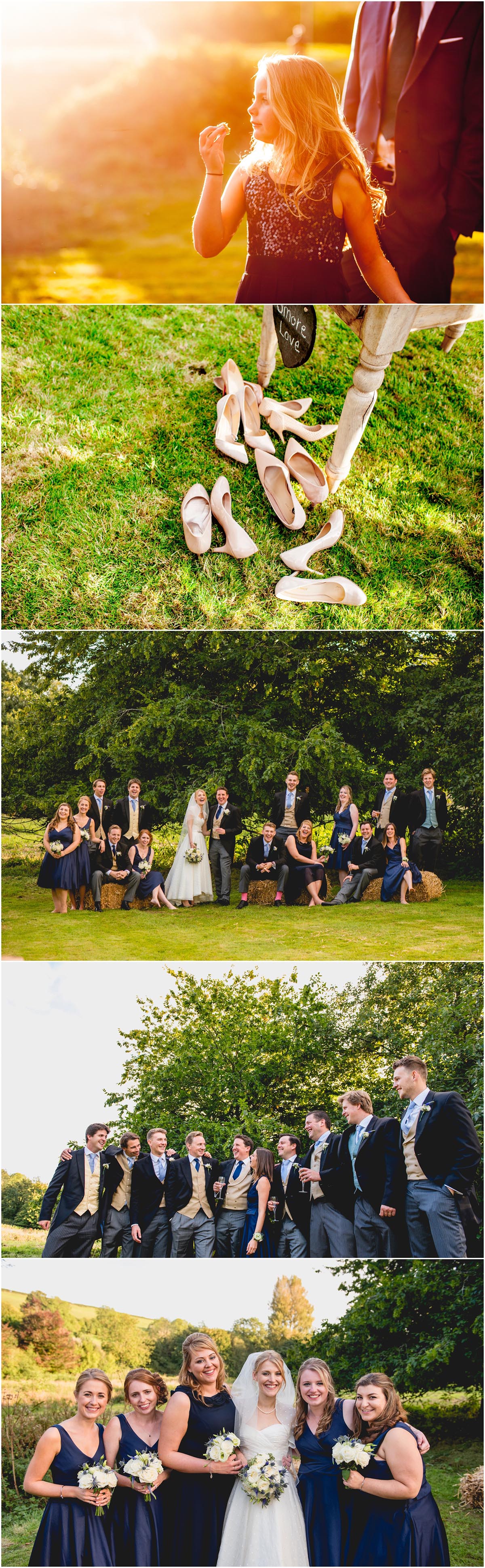 Bridal party photographs with bridesmaids and ushers laughing at a Dorset Wedding in Cerne Abbas.