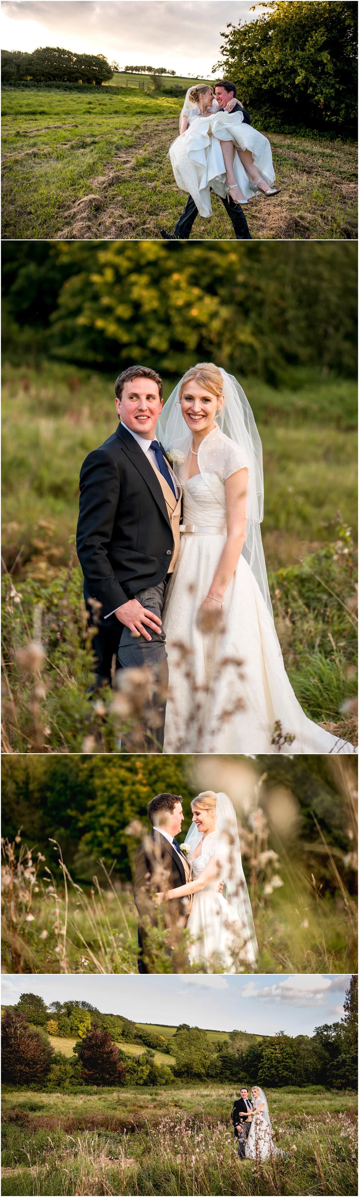 Bride and groom photos in a field at a Dorset Wedding in Cerne Abbas.