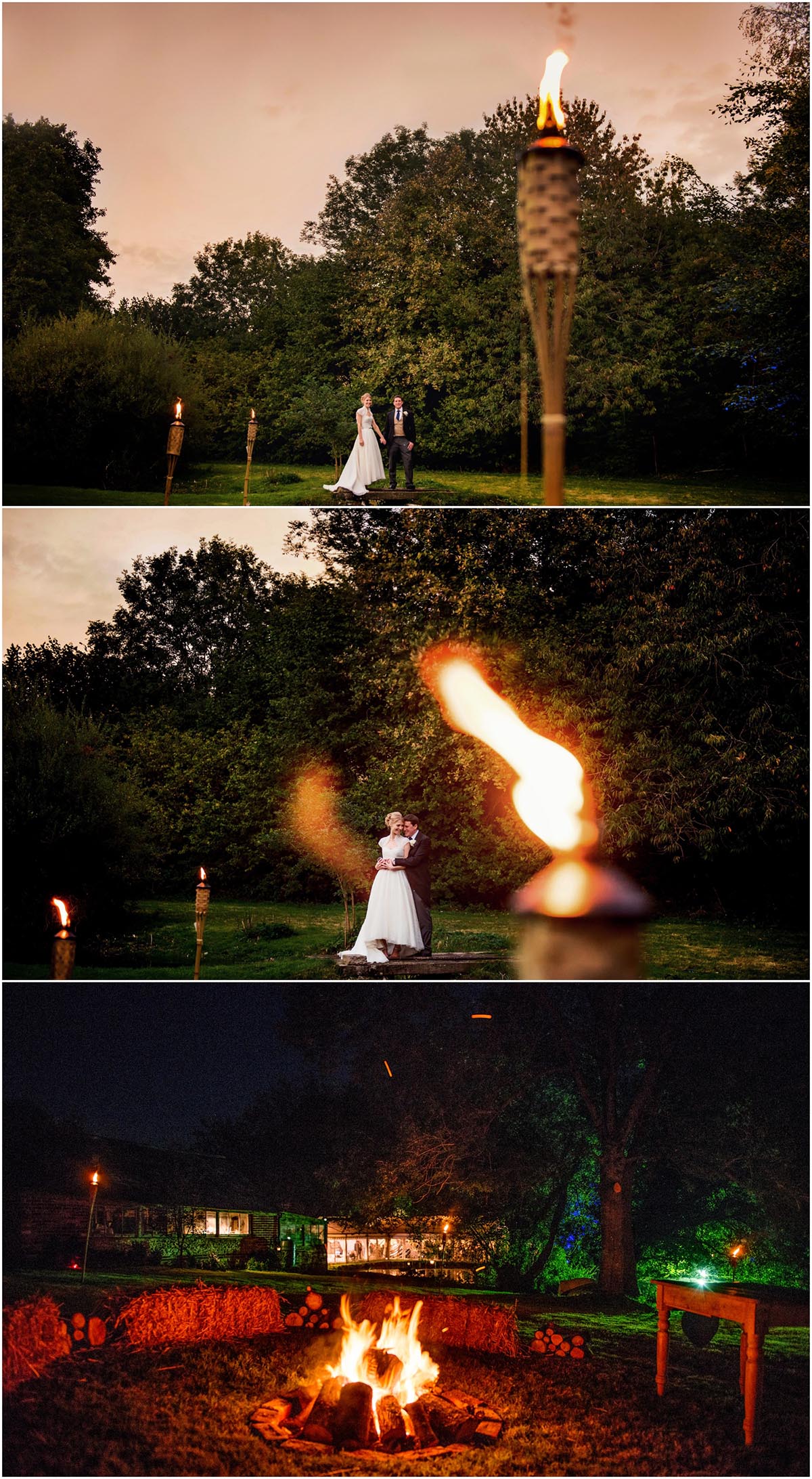 Bride and groom portraits against a fire pit at a Dorset Wedding in Cerne Abbas