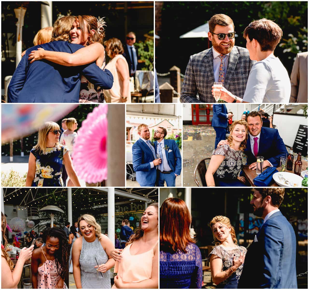 candid photos of guests laughing at a wedding