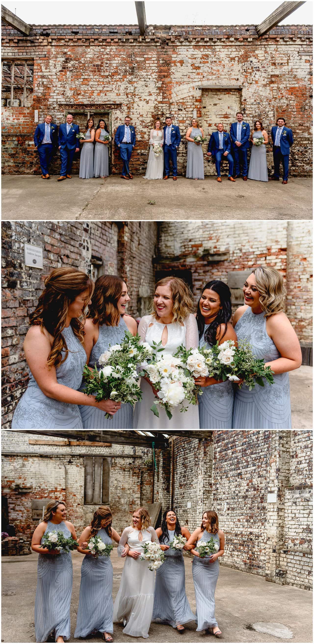 Bridal party photos at The Bond Company in Birmingham using the brick wall in the dairy