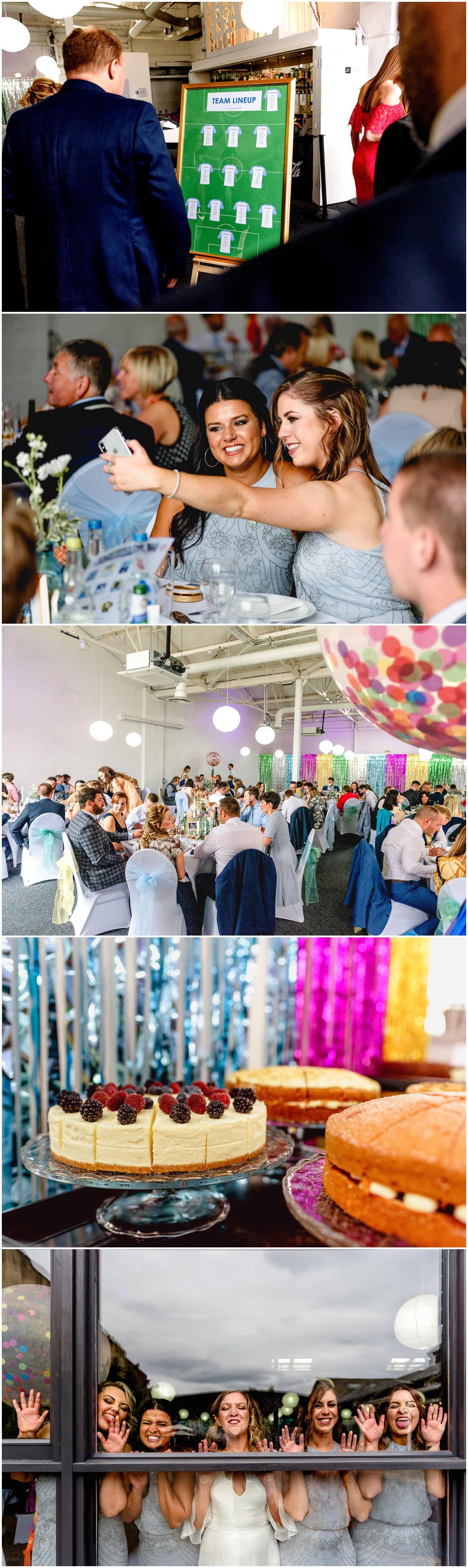 Candid guest photos of guests at a wedding at The Bond Company driving and eating during a wedding breakfast