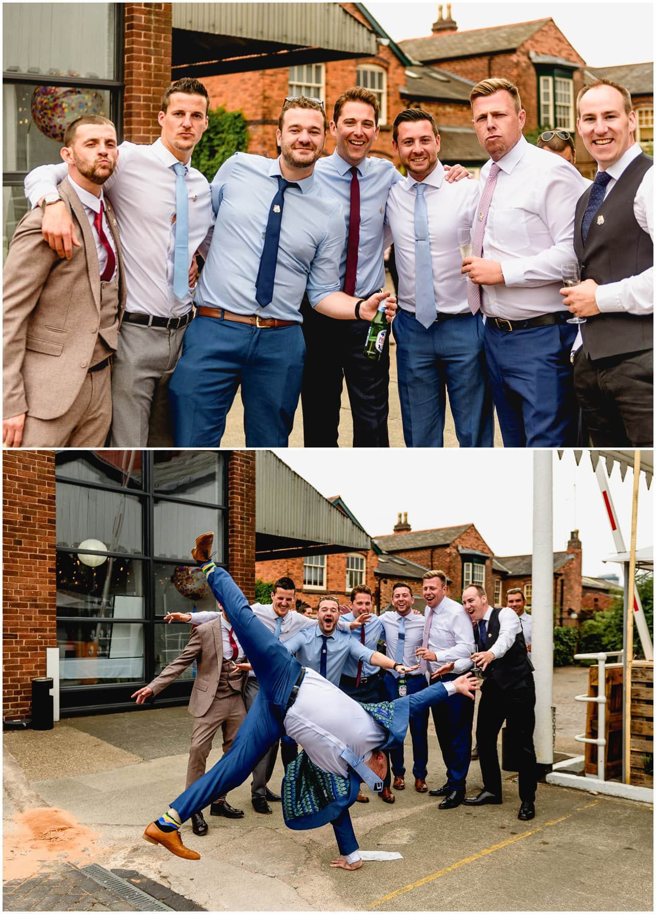 Fun photos of groomsmen doing cartwheels at a city centre wedding in Birmingham