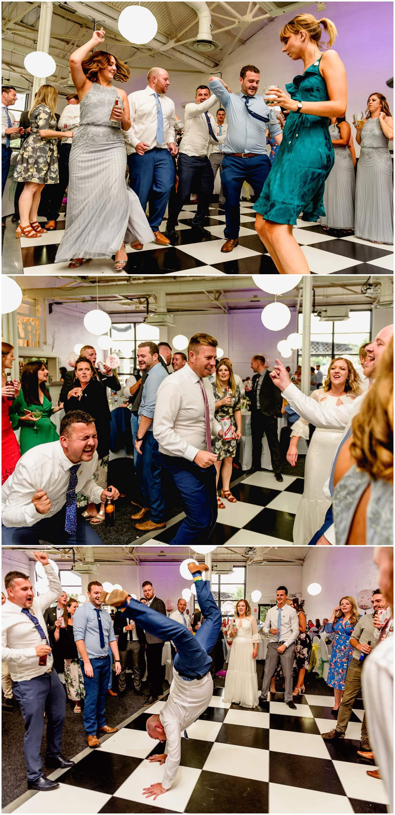 Guests dancing and cartwheeling at a wedding at The Bond Company