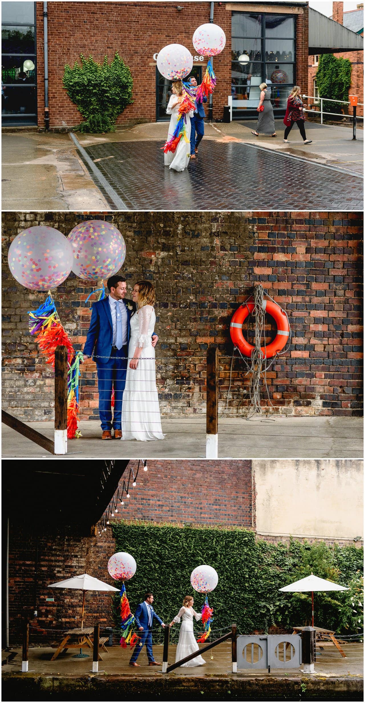 Portrait photos of bride and groom with confetti balloons along the canals in Birmingham wearing a vintage wedding dress with sequins