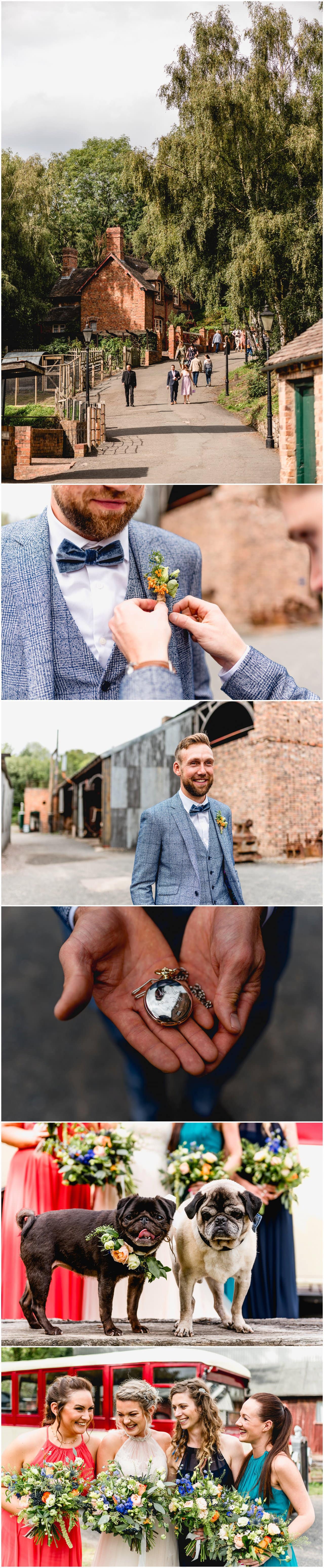 Groom receiving pocket watch present on morning of wedding and dogs in flower collars