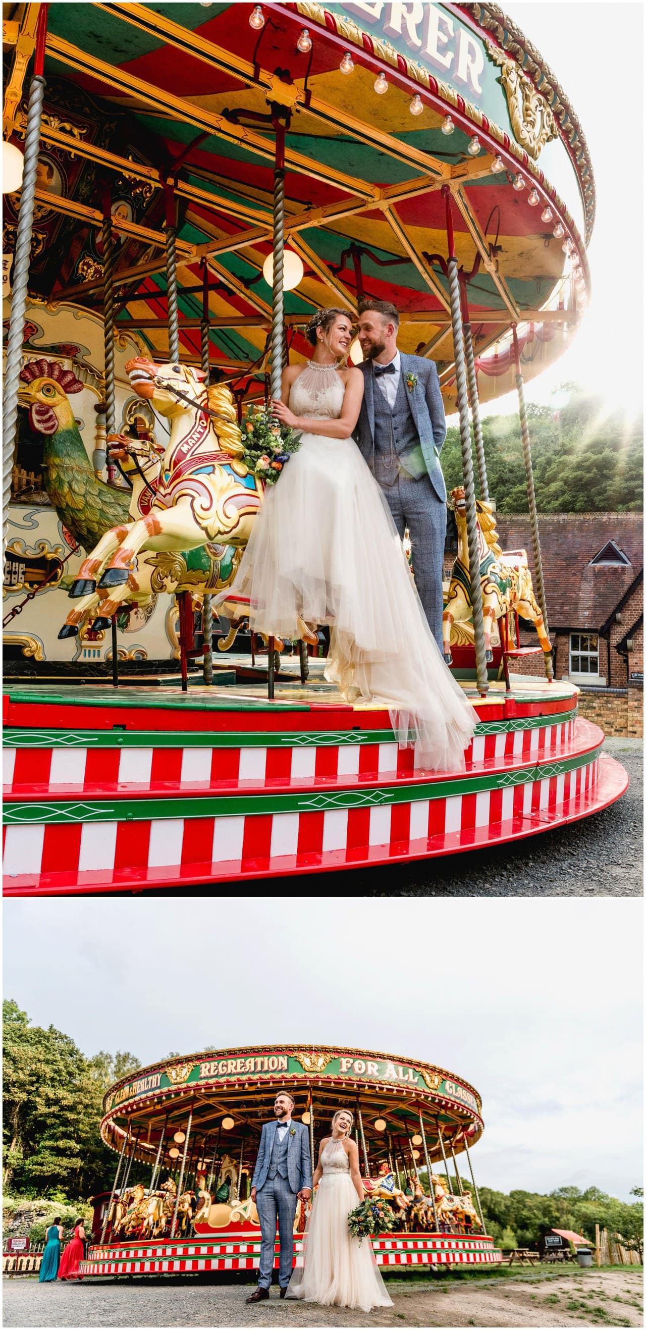 Bride and groom posing on vintage merry go around 