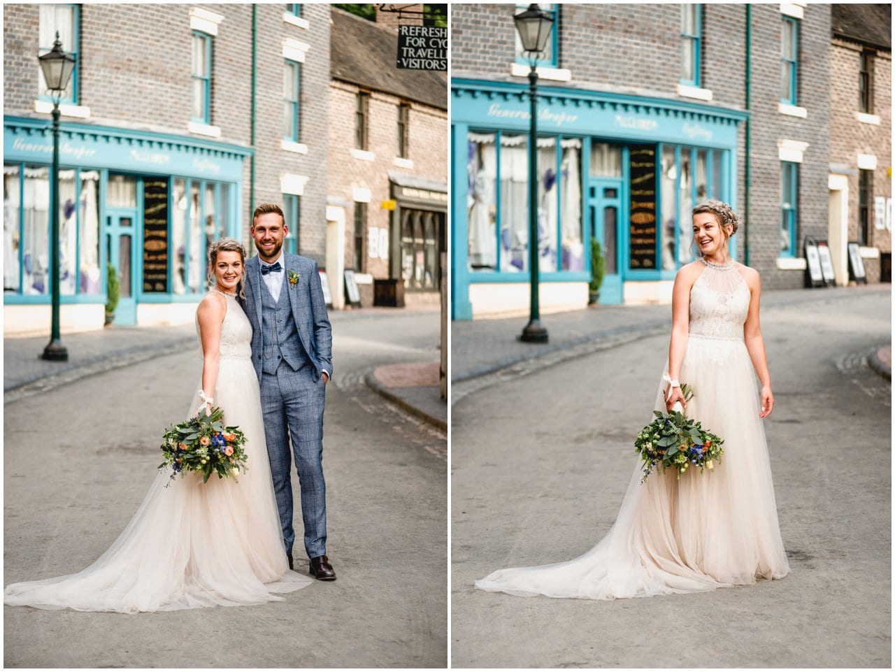 Couple portrait photos at Blists Hill Victorian Town Museum on wedding day.