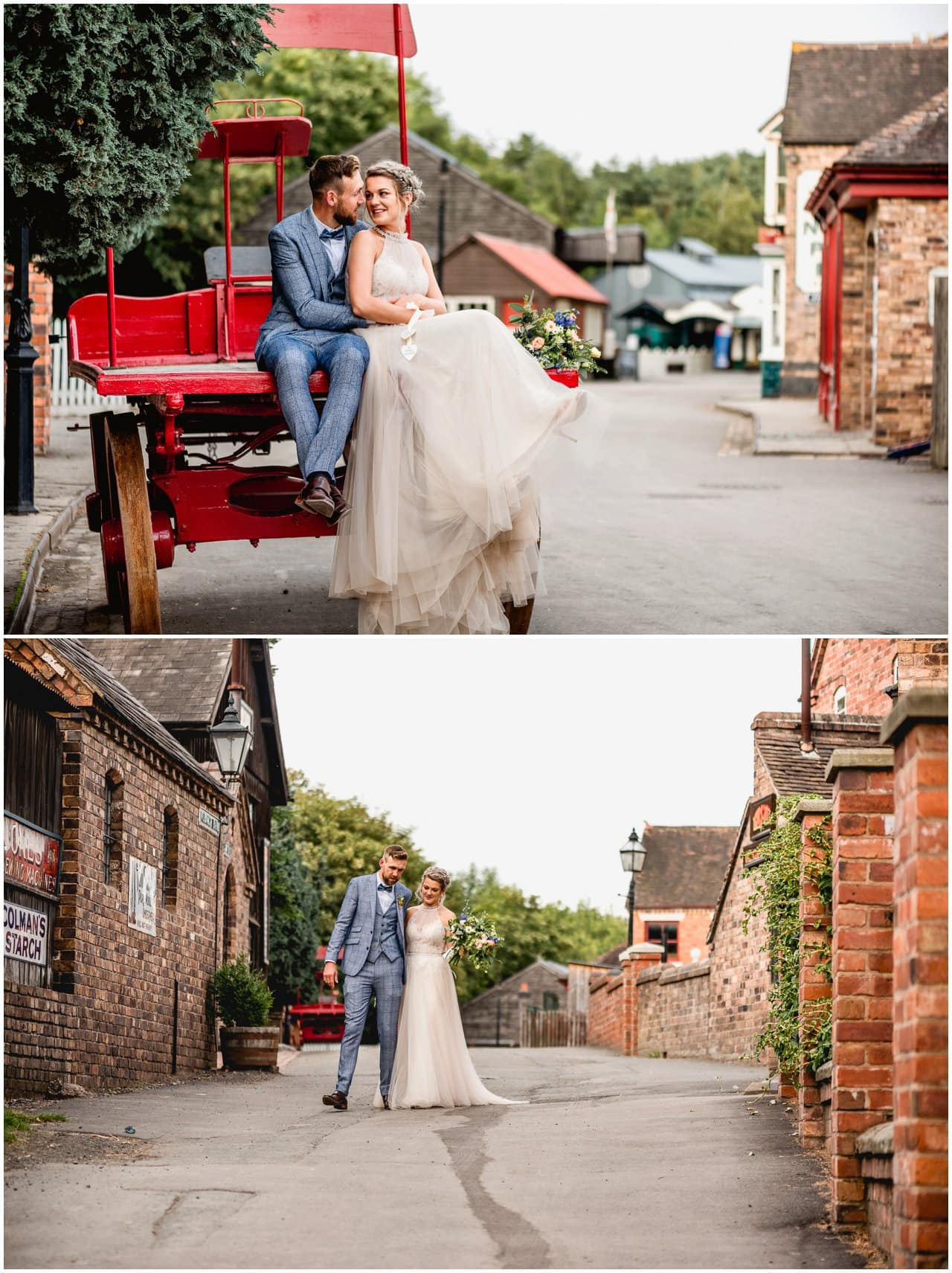 Couple portrait photos at Blists Hill Victorian Town Museum on wedding day.