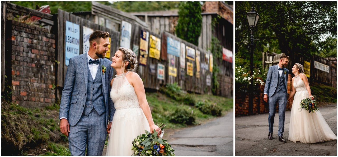 Couple portrait photos at Blists Hill Victorian Town Museum on wedding day.