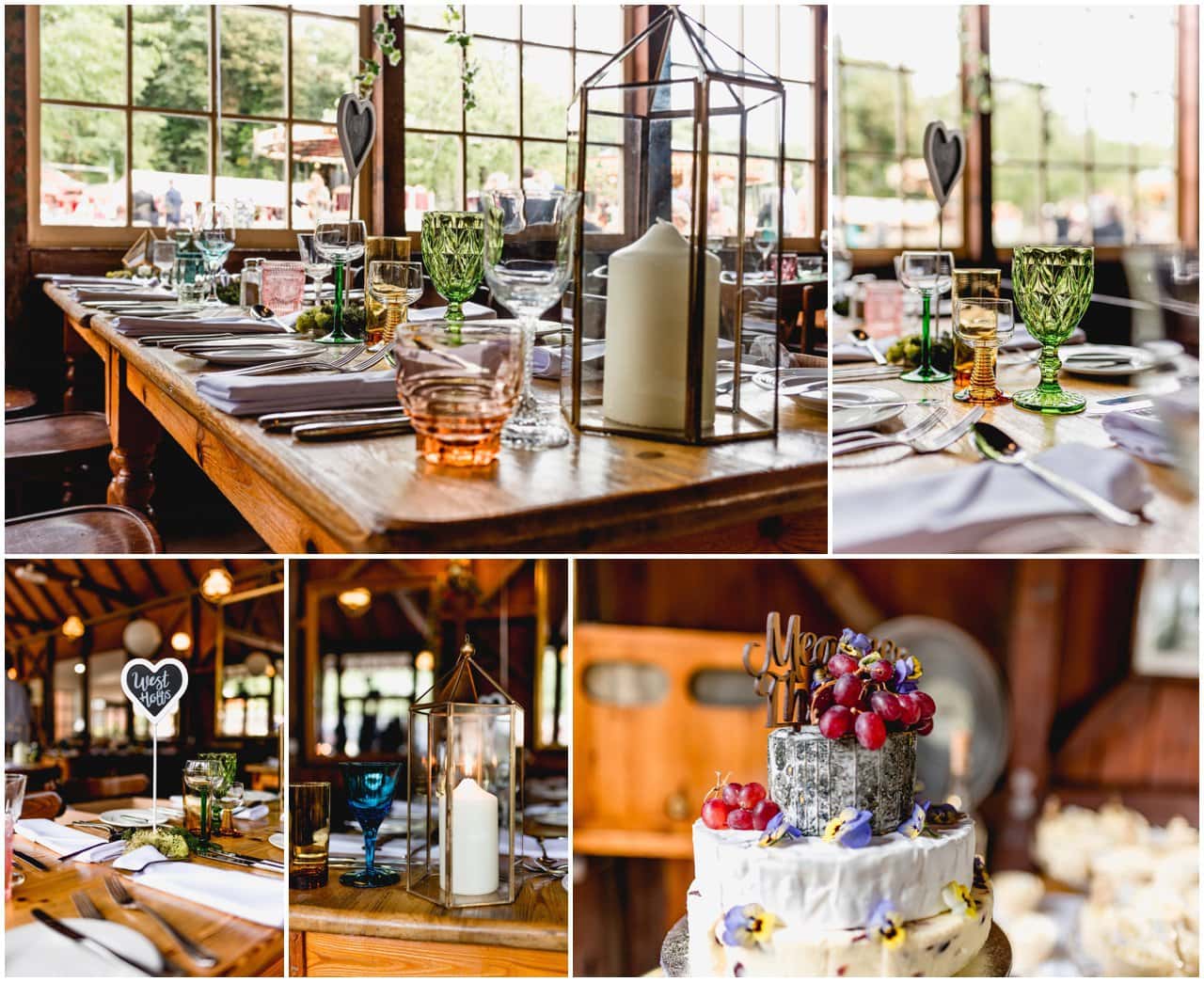 Tables set for a wedding breakfast at Blists Hill Victorian Town Museum with mixed coloured glass and cheese cake