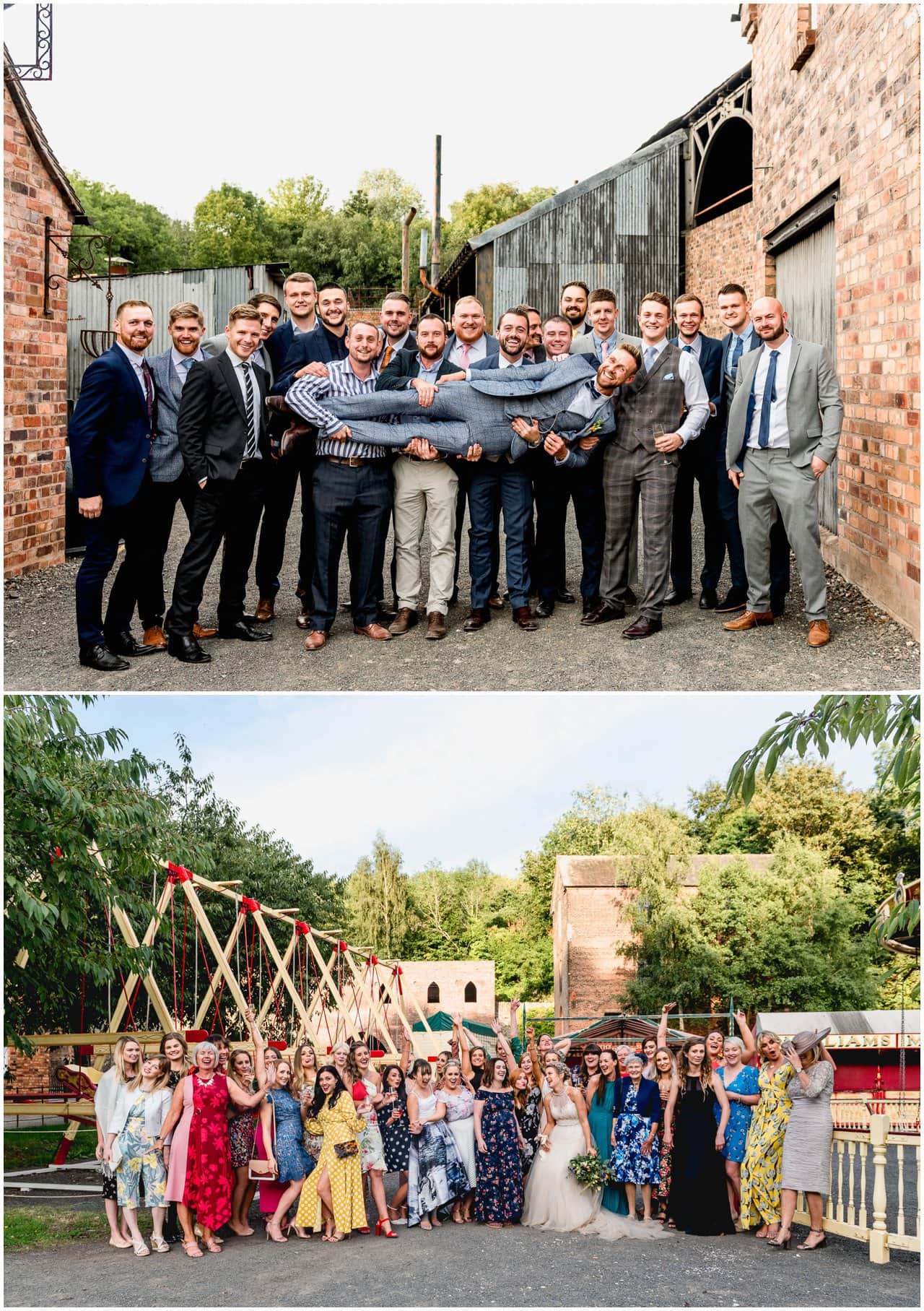 Group photos of bride and groom and guests at a wedding