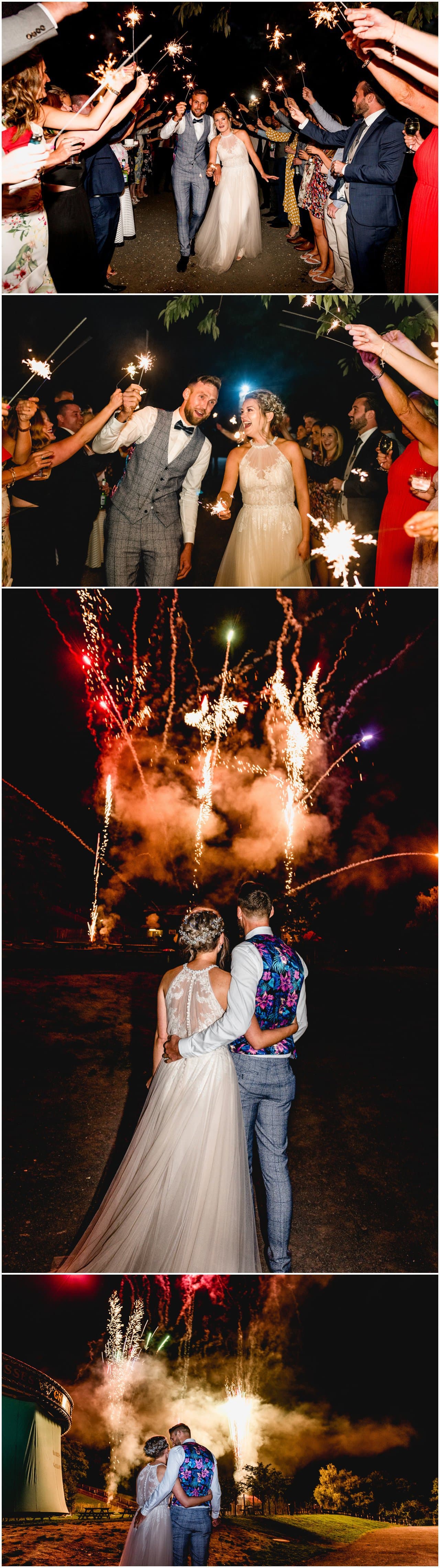 Sparkler exit for a bride and groom at the end of their summer wedding at Blists Hill Victorian Town Museum and firework show to end the day.