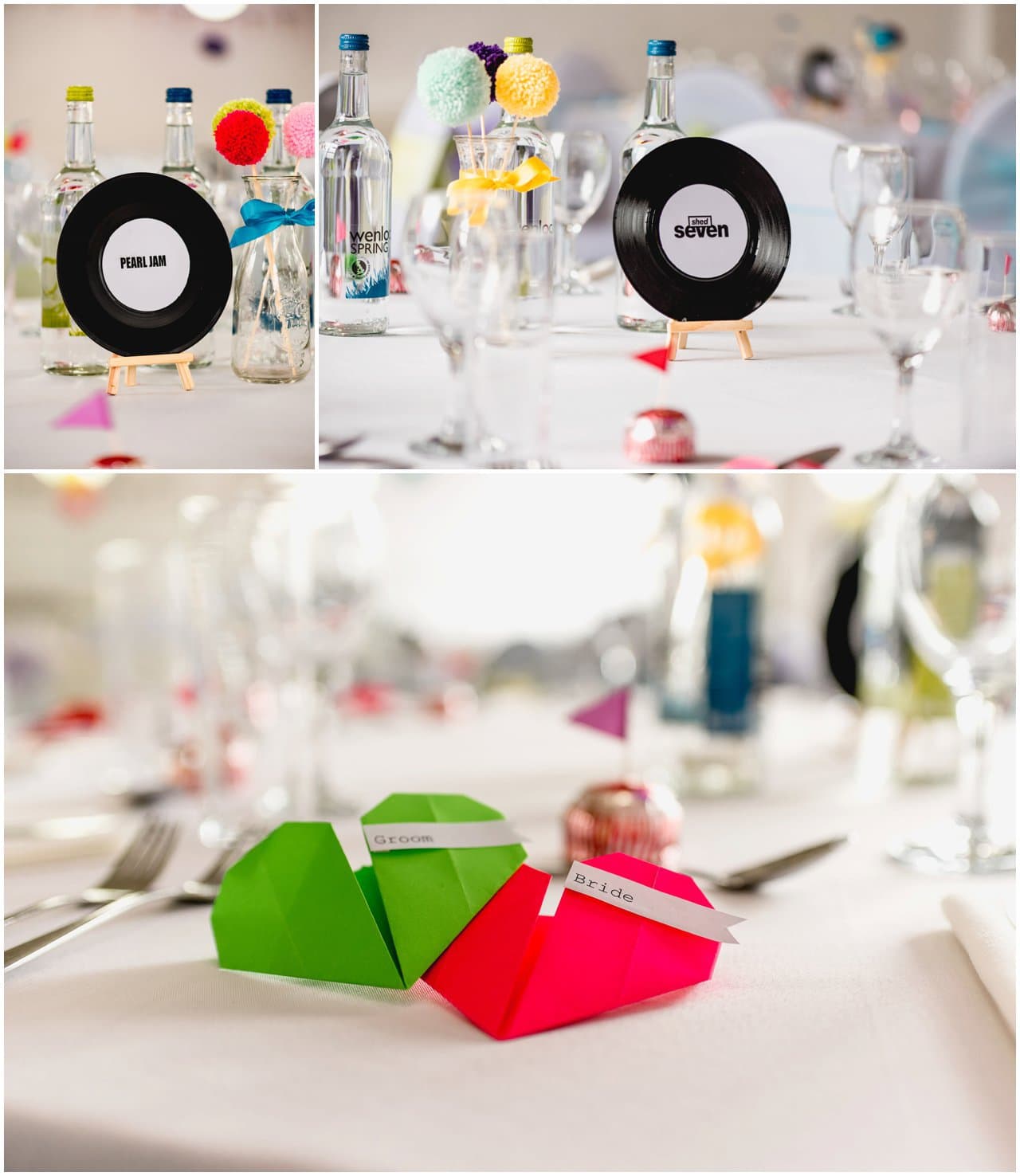 colourful wedding table decorations with vinyl records