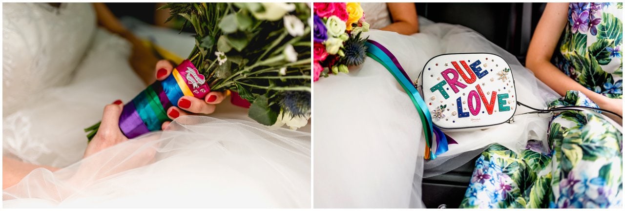 Bright colourful flowers in a bridal bouquet and a True Love bag