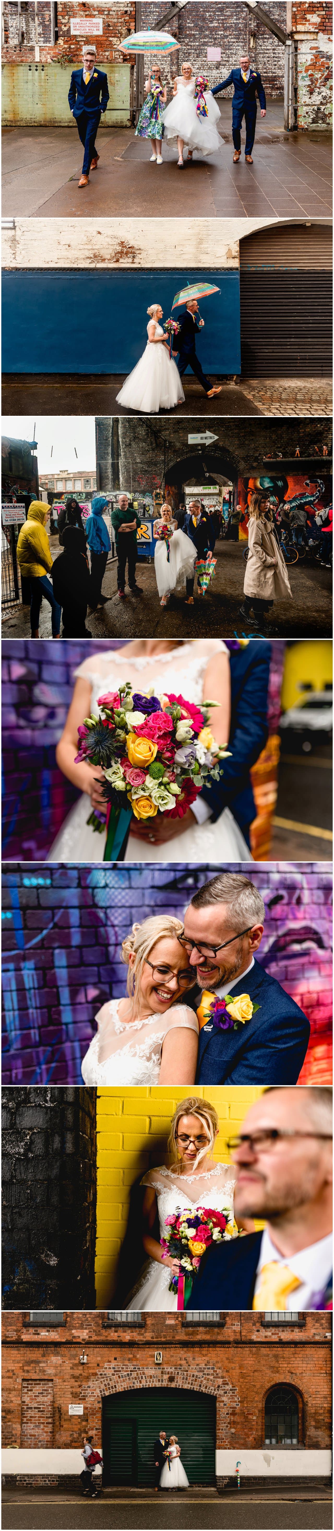 Couples portrait shoot in Digbeth with graffiti on the walls during a music festival.