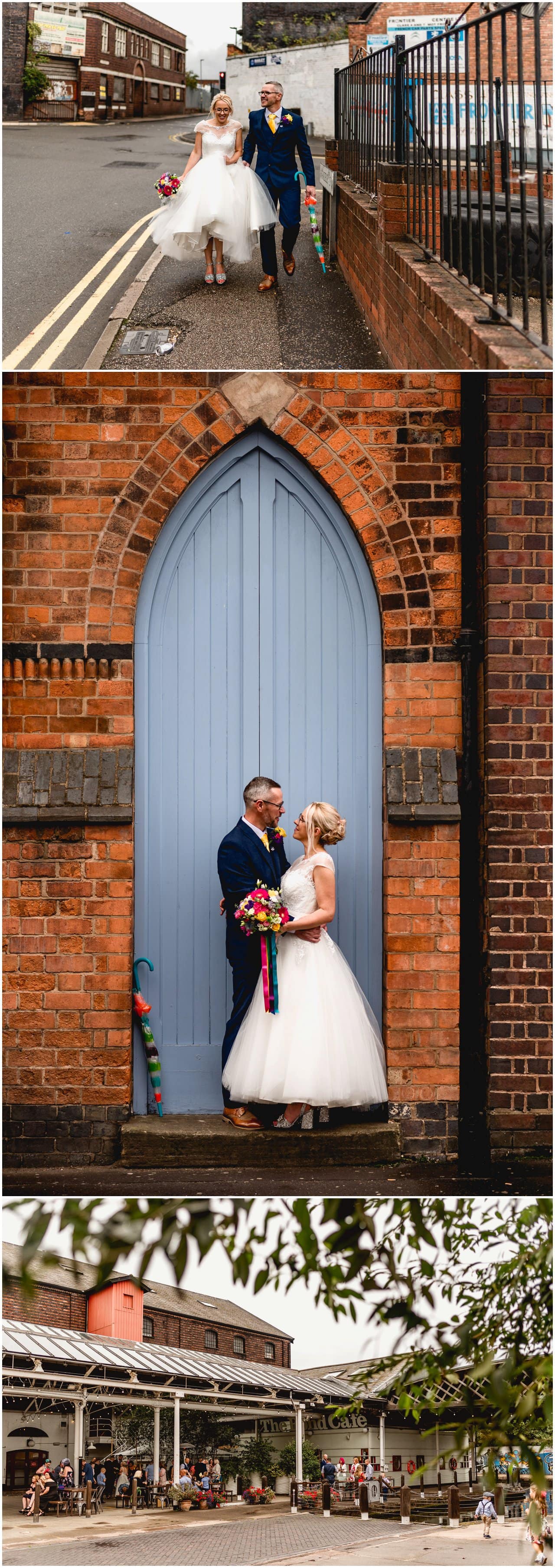 Couple portrait on a wedding day outside Fazeley Studios blue arch door