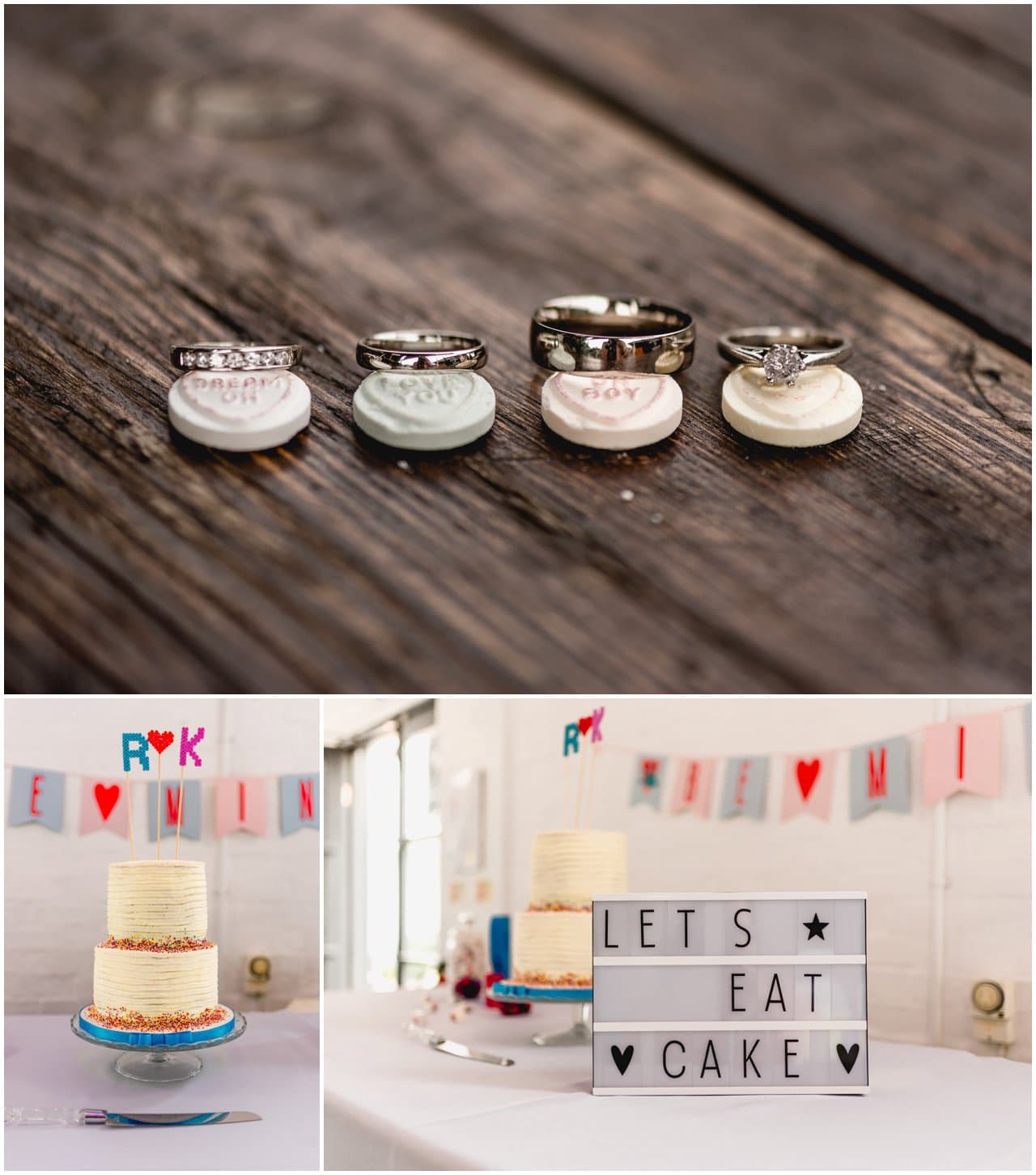 Wedding rings balanced on Love Hearts and confetti wedding cake with initial cake toppers