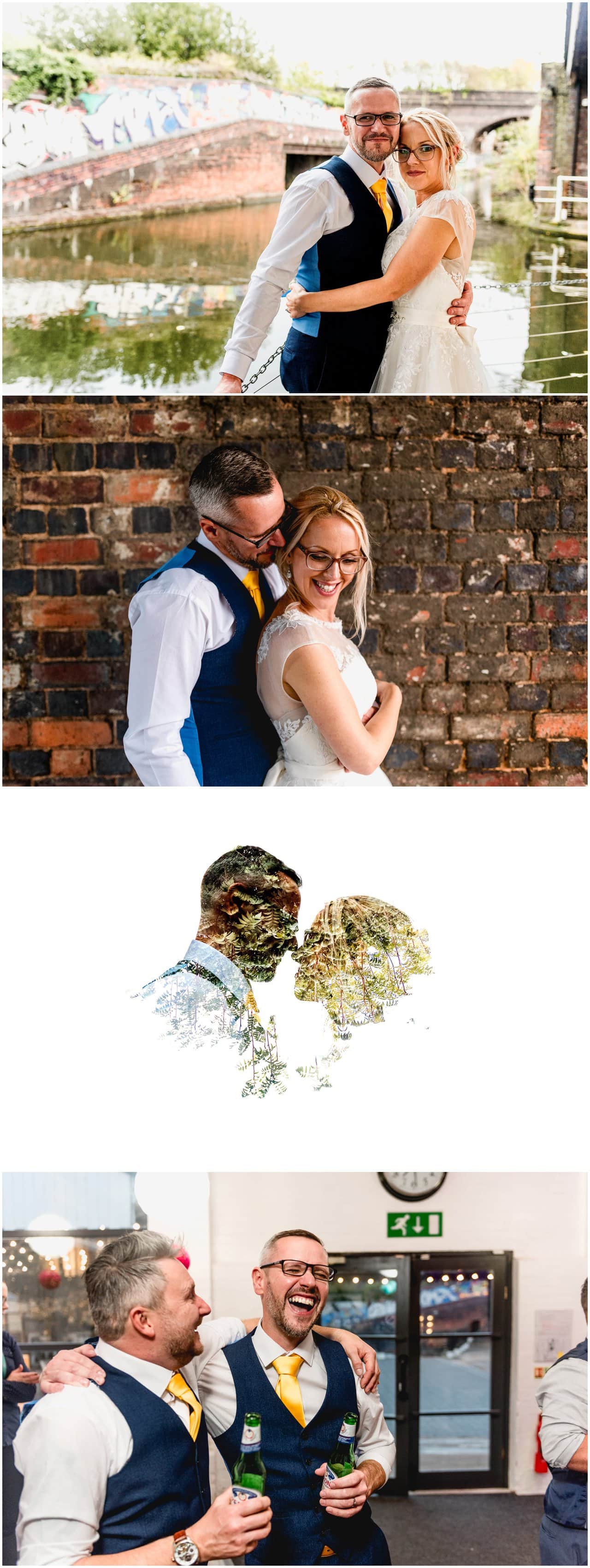 Couple portraits in urban setting and a double exposure wedding portrait.