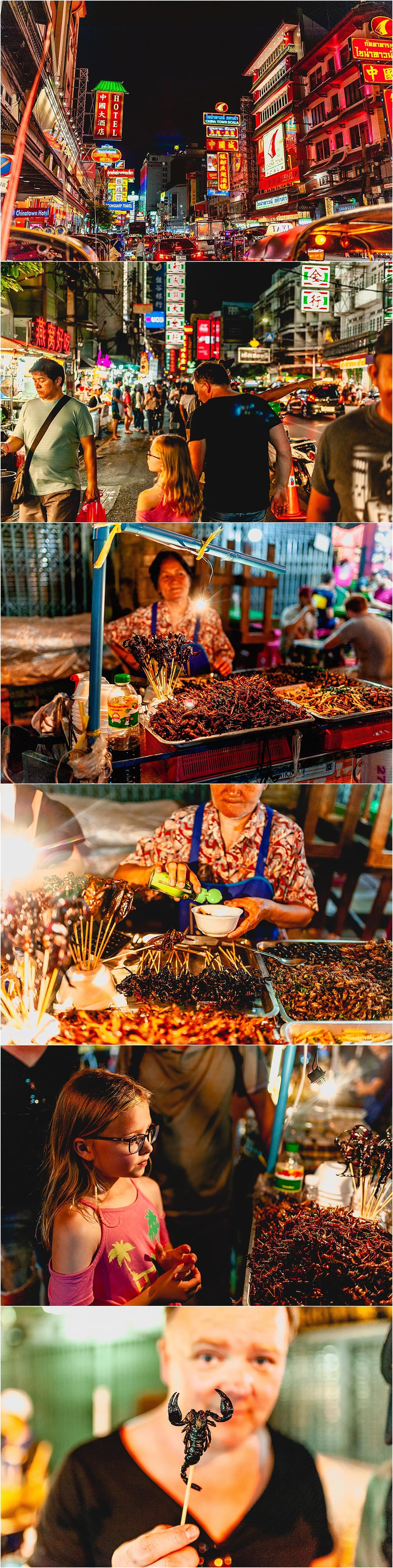 Streetfood in Bangkok Chinatown - grasshoppers, meal worms, silk worms and scorpions