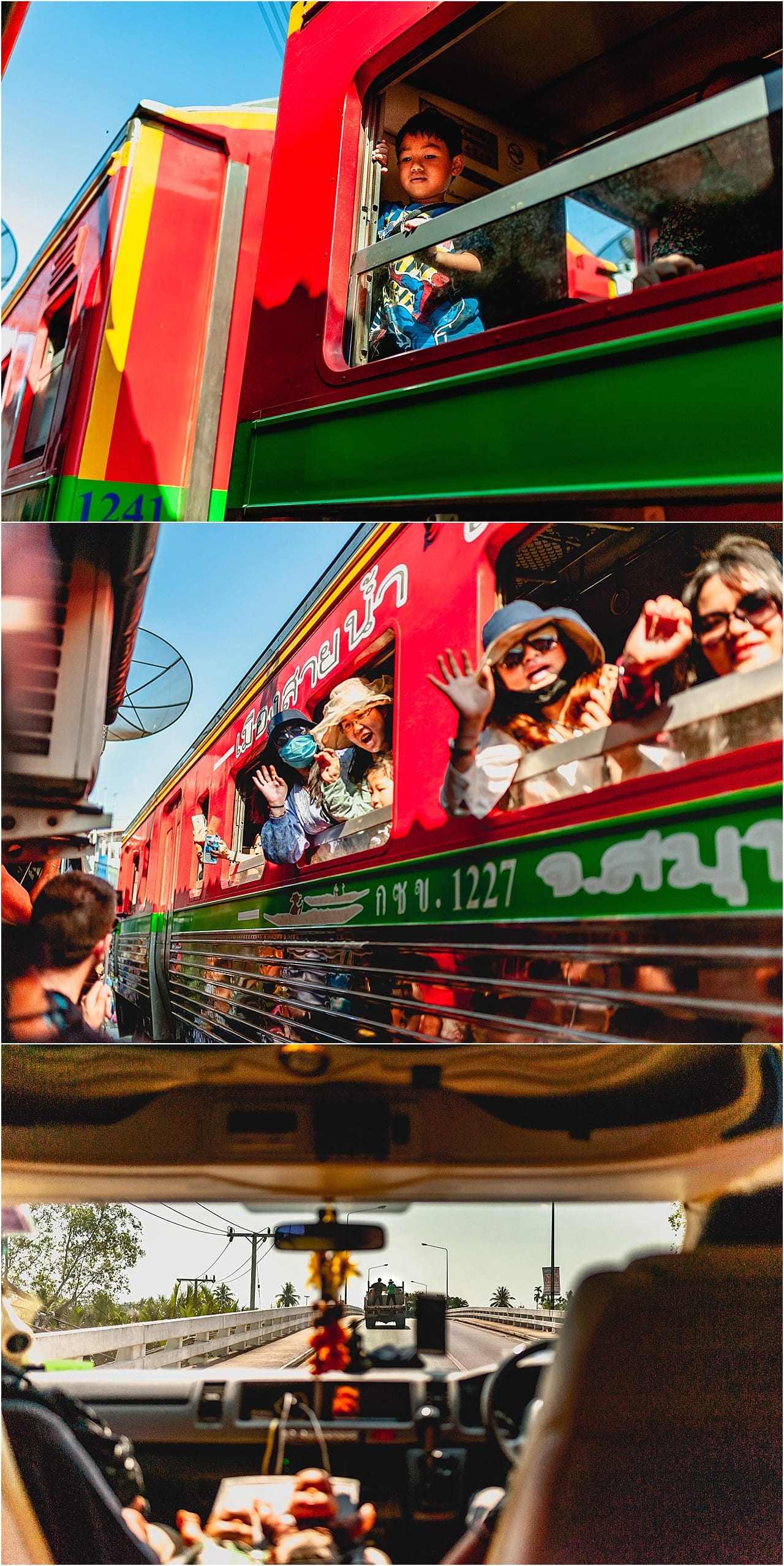 Train passing by over the Maeklong Railway Market in Bangkok