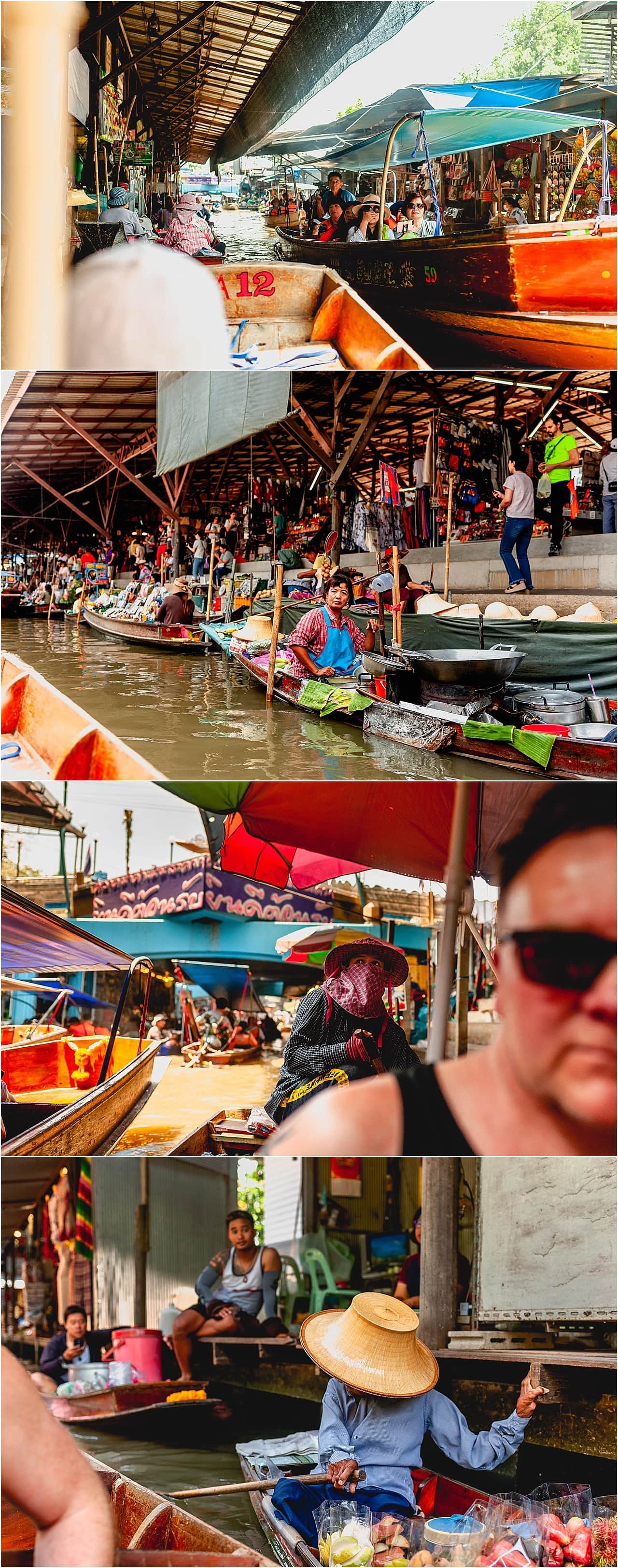Scenes from the Damnuen Saduek Floating market with tourists in boat shopping for produce