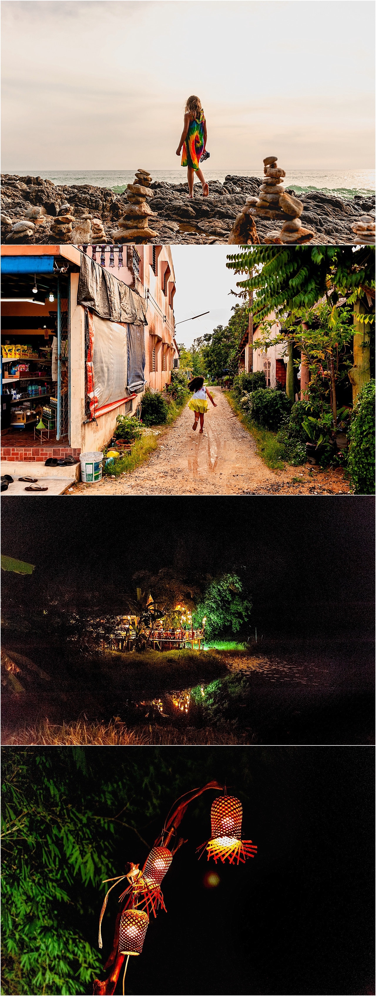 Little girl running down dusty street in Thailand and restaurant lit up at night time reflected in lake