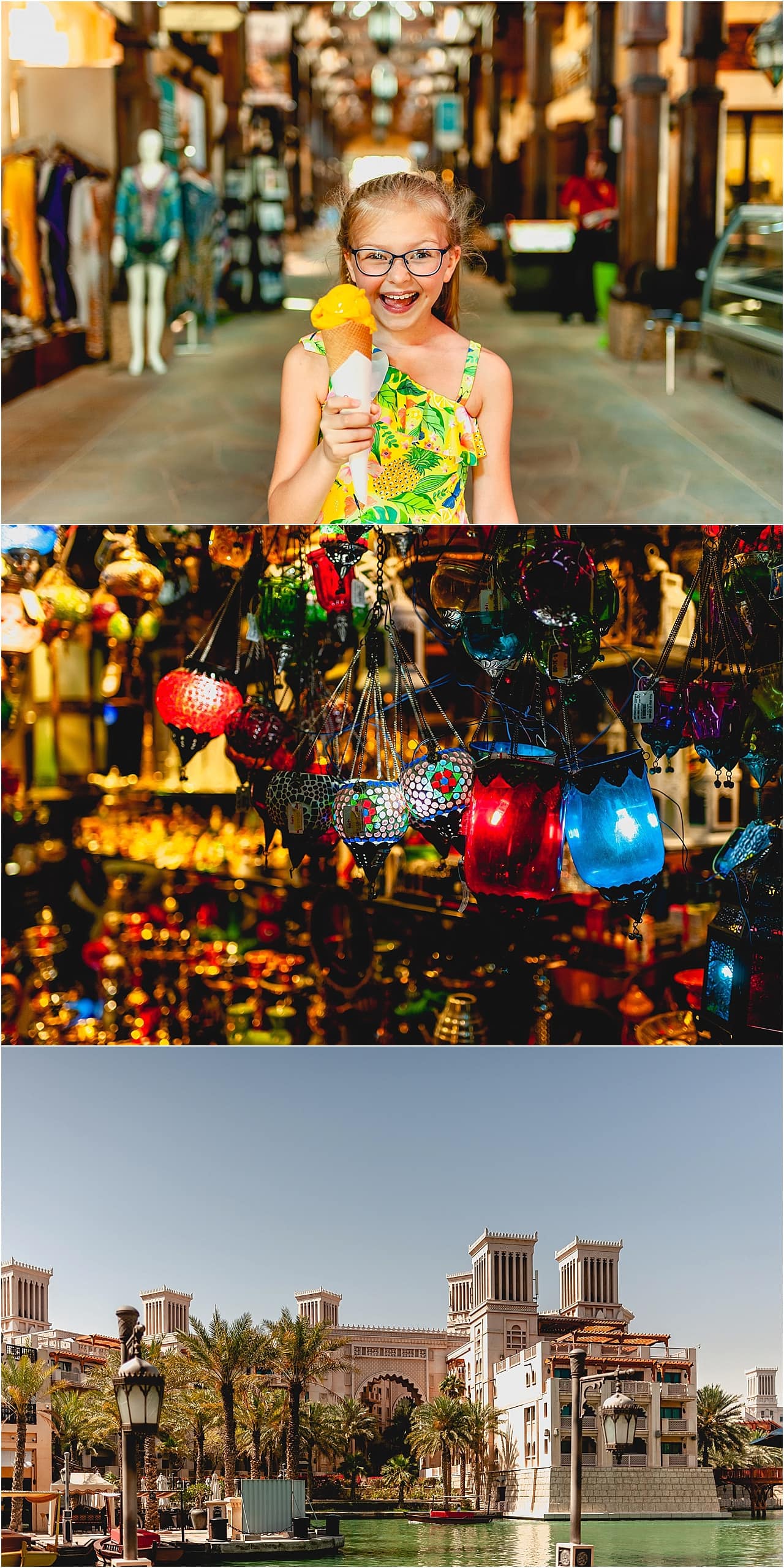 Photos in Souk Madinat Jumeirah with child eating big mango sorbet ice cream surrounded by lanterns