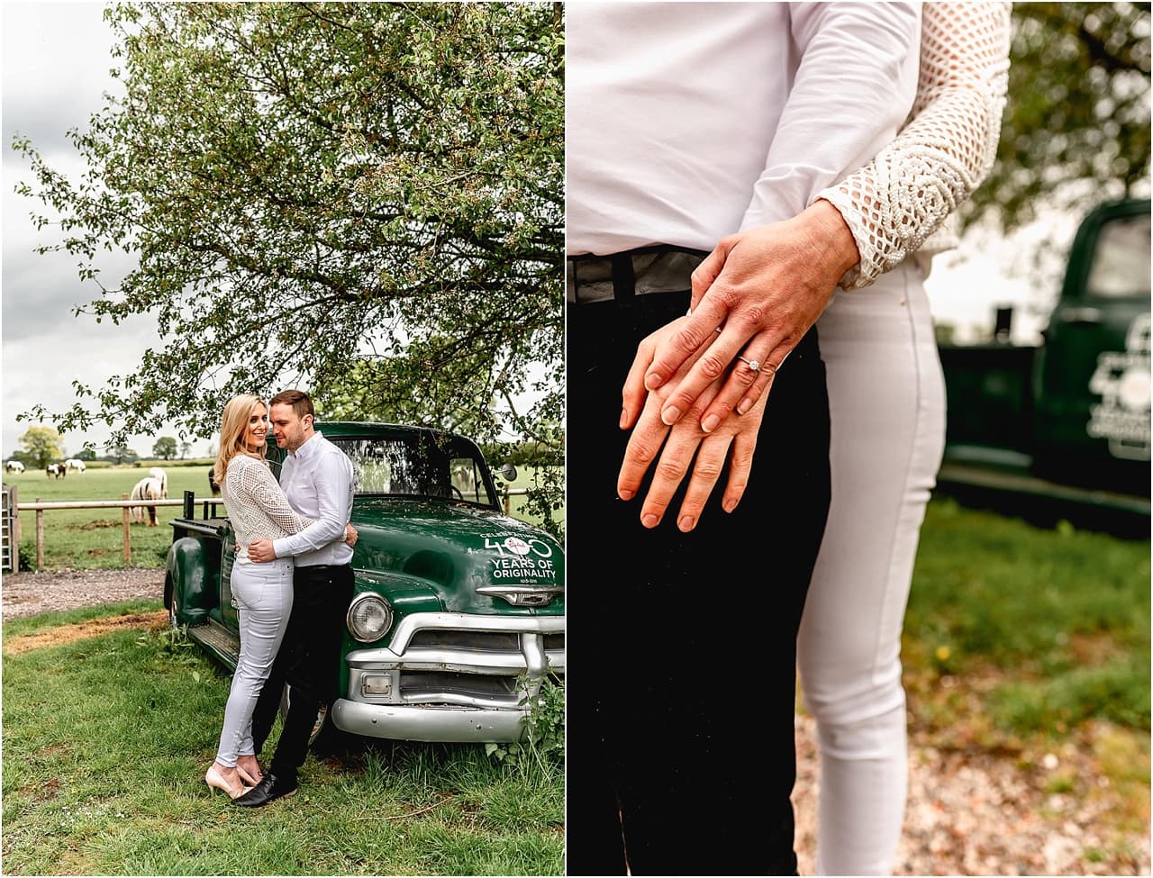Bride and groom on engagement shoot leaning against old Chevrolet truck with focus on engagement ring