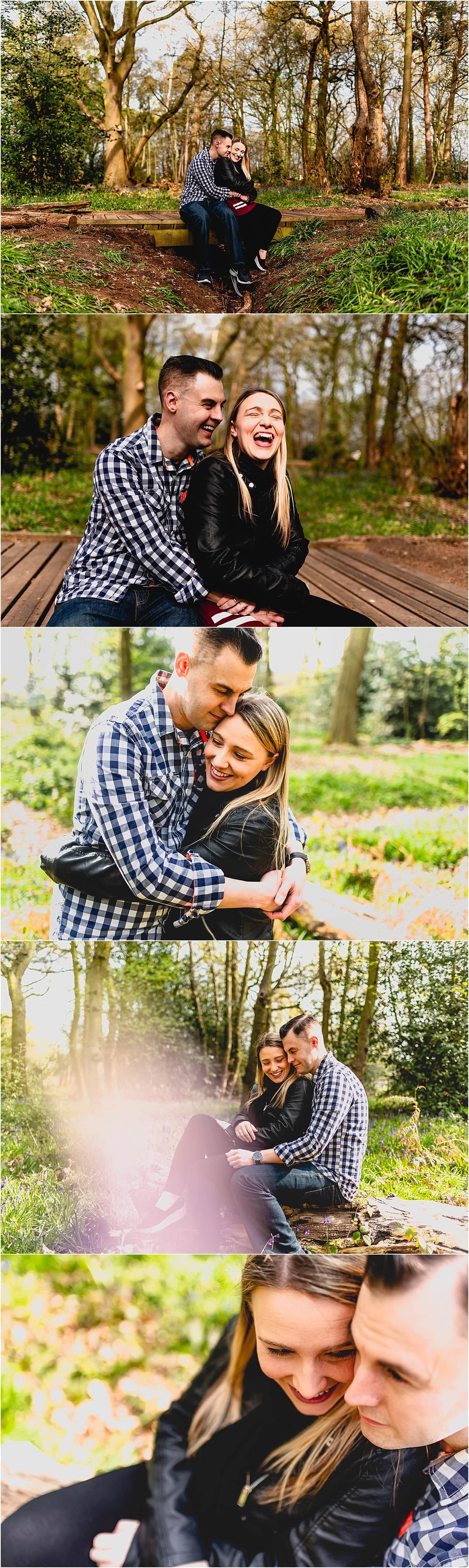 Engagement shoot in Jones Woods with Laura and Martin, couple cuddling in the woods