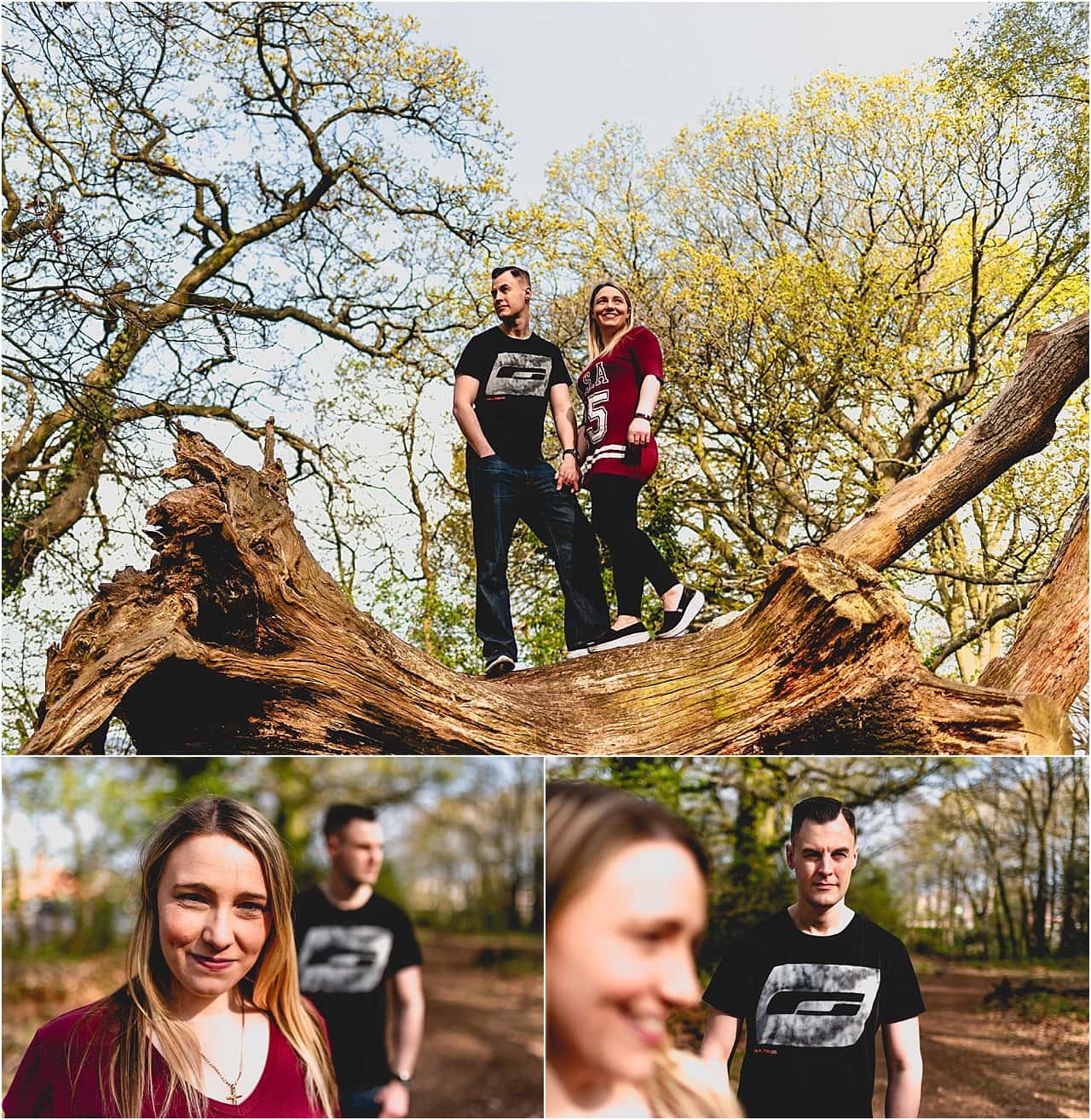 Engagement shoot in Jones Woods with Laura and Martin, couple cuddling in the woods