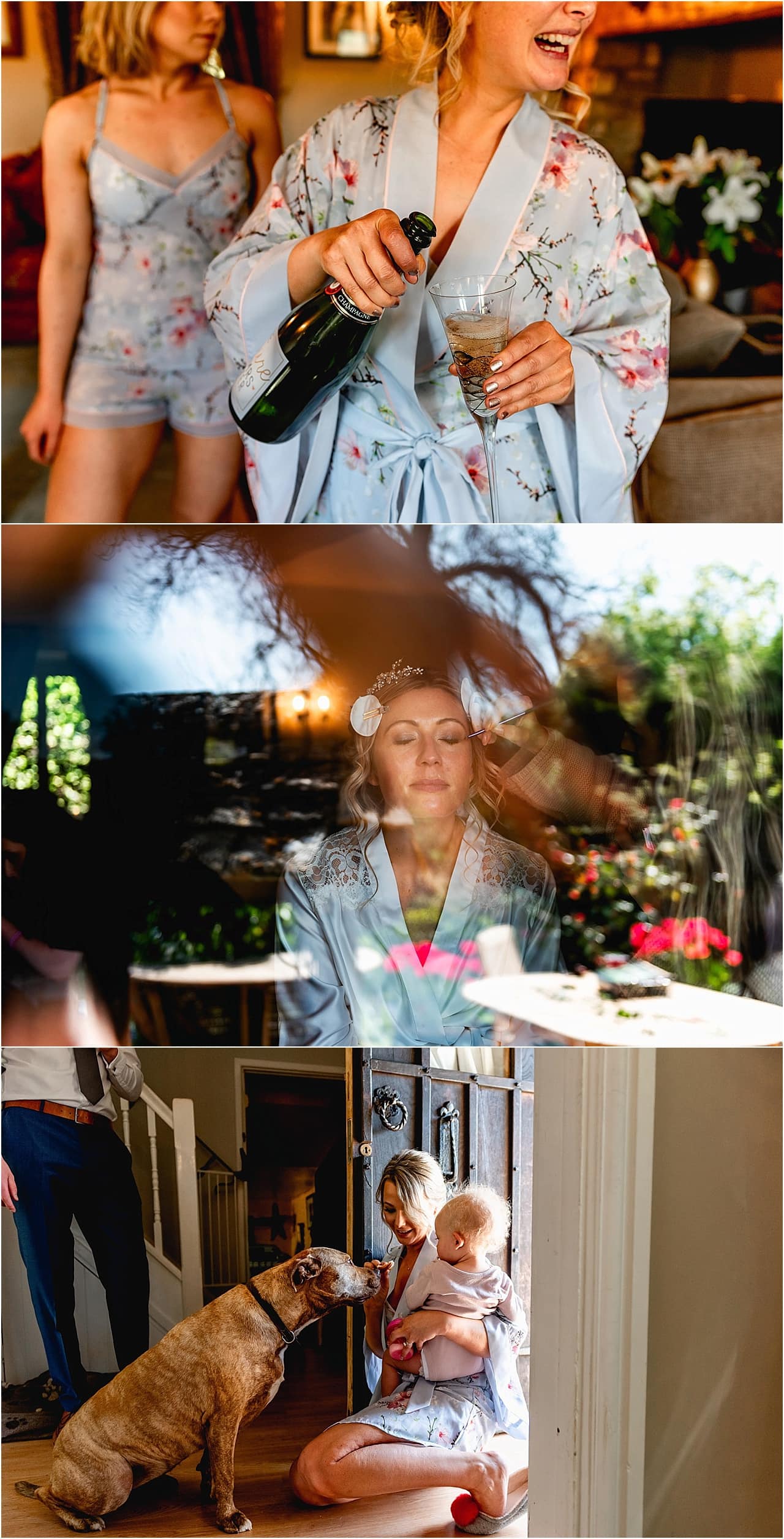 Bride getting ready for wedding at Lapstone Barn ; bridesmaids pouring champagne