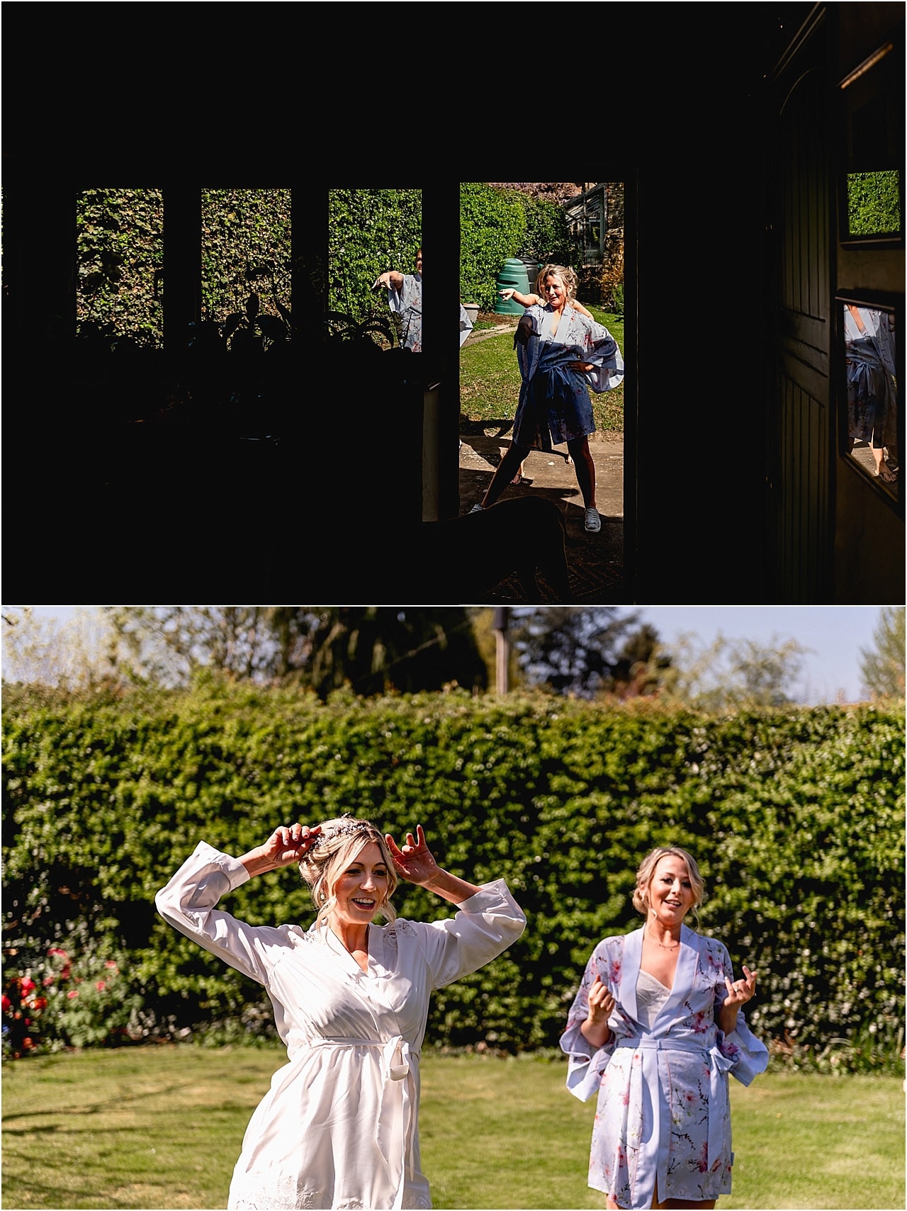 Bridesmaids and bride practice dancing to the Spice Girls on the morning of a wedding during bridal preparations.