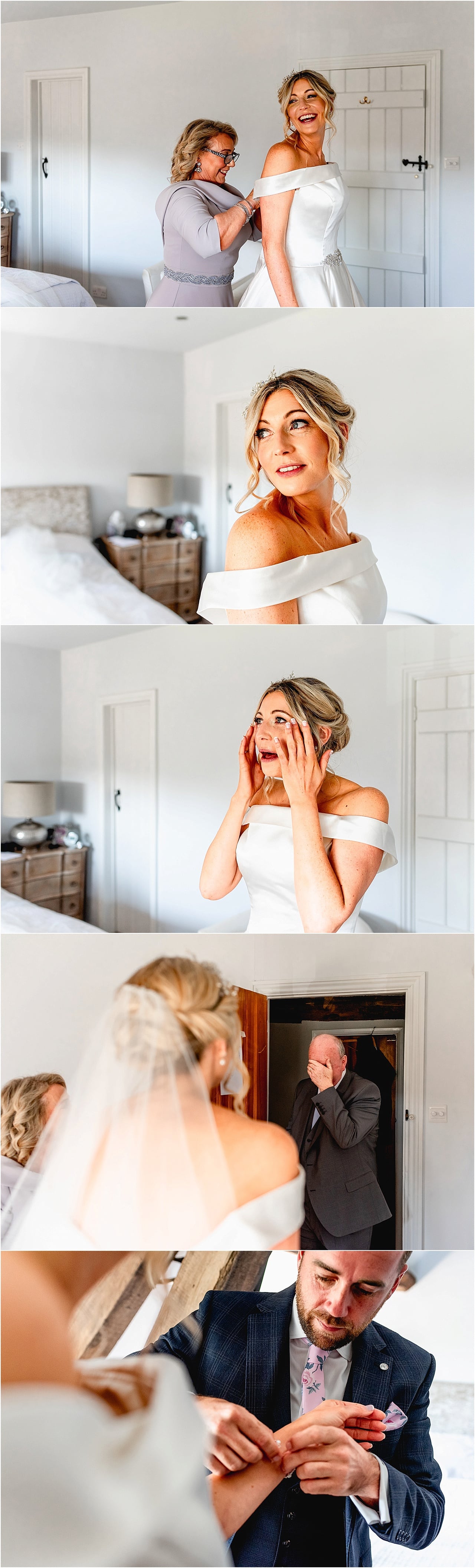 Bride puts her dress on and Dad sees her for the first time and cries.