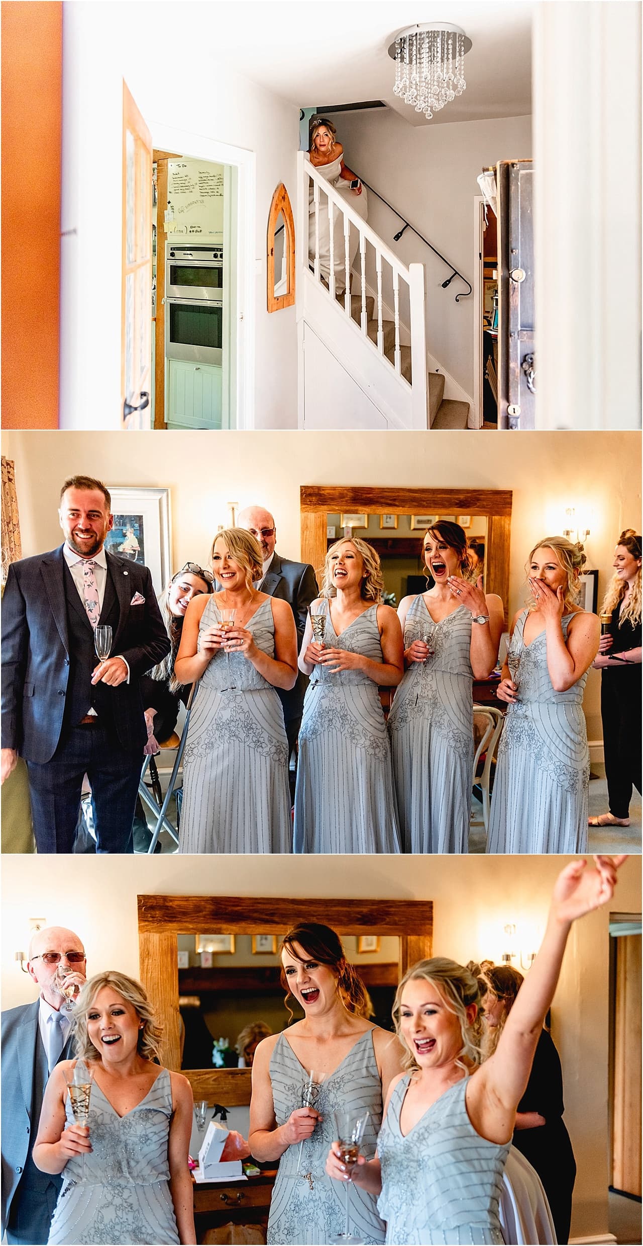 Bridesmaids line up to see bride for the first time in her wedding dress