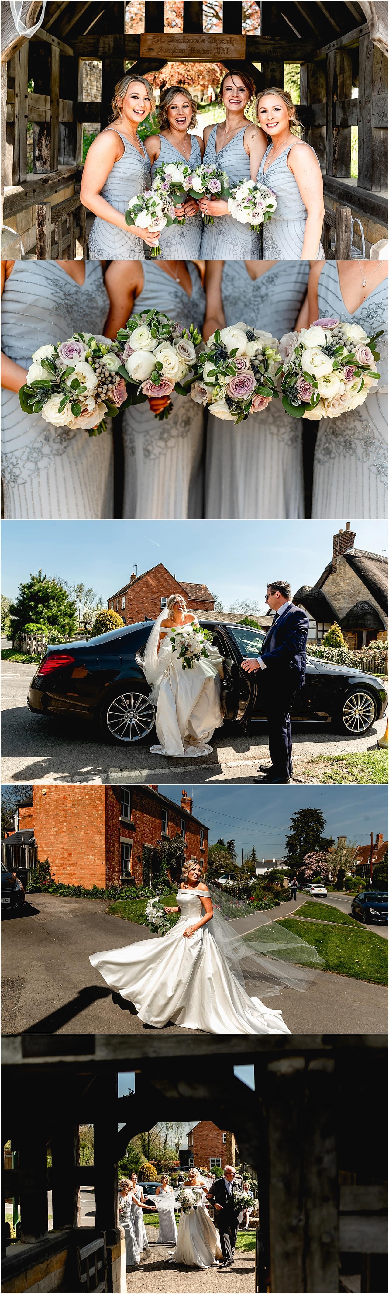 Bride arrives at a church in Chipping Camden to get married.