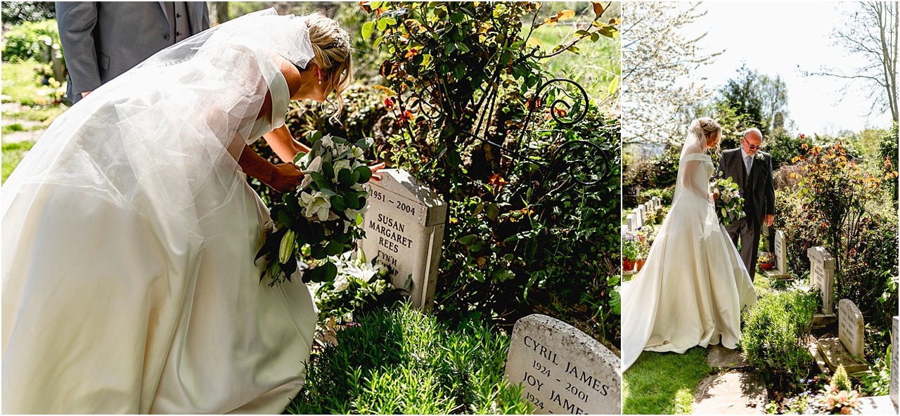 Bride and her father her mothers graveside before the bride's wedding.