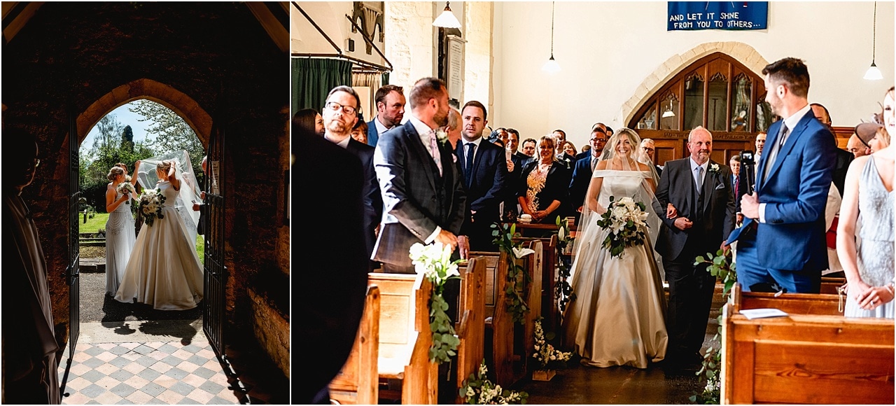 Groom wait for bride to walk down aisle at church in Chipping Camden