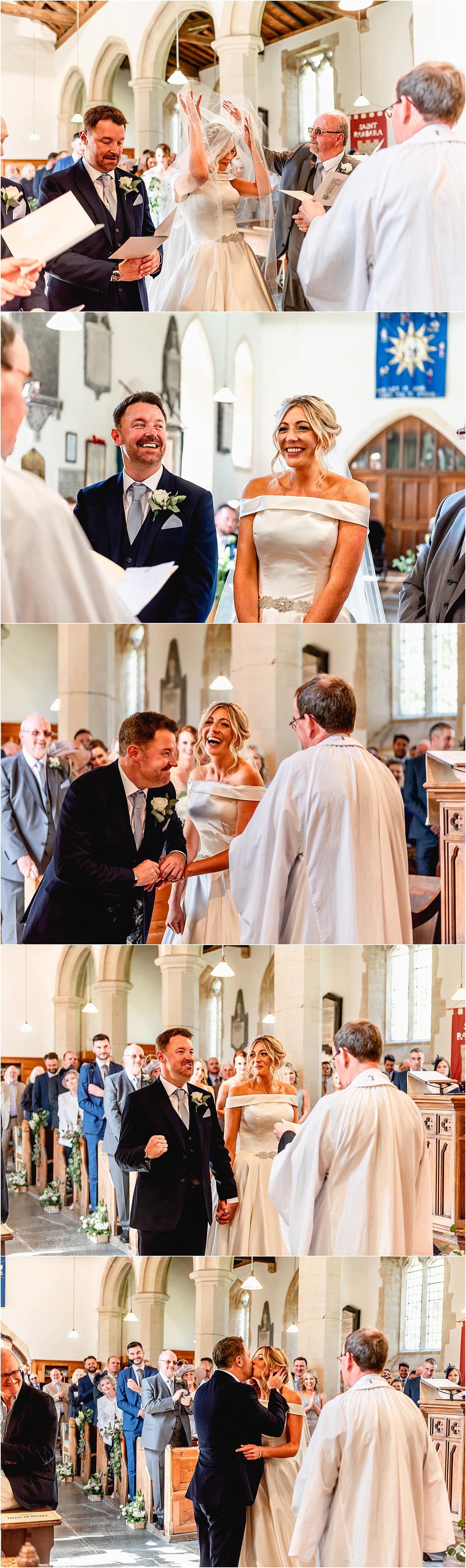 Bride and groom laugh during wedding ceremony trying to get the rings to fit.