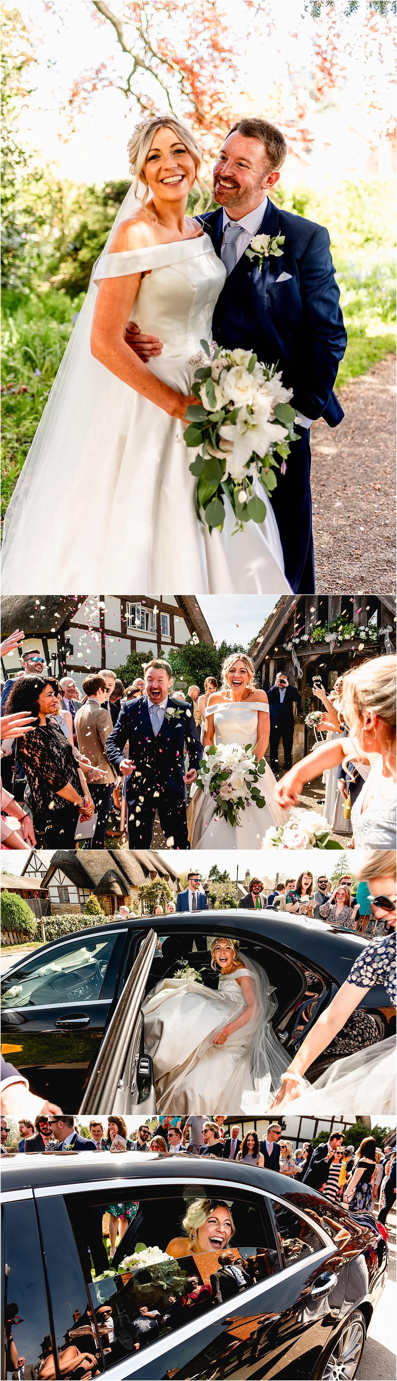 Bride and groom leave Chipping Camden Church through a tunnel of confetti.