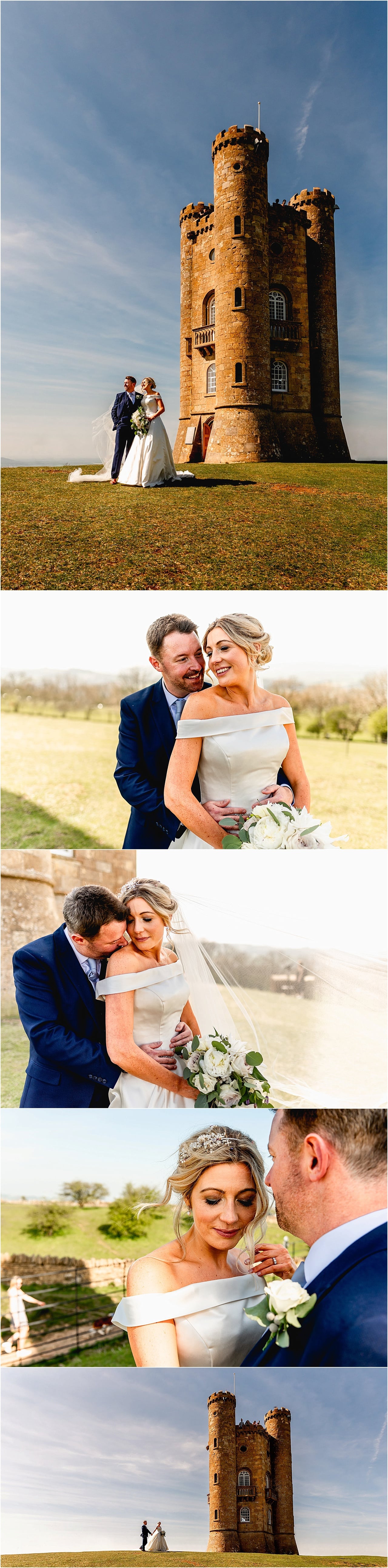 Bride and groom portrait photos at Broadway Tower in the Cotswolds.