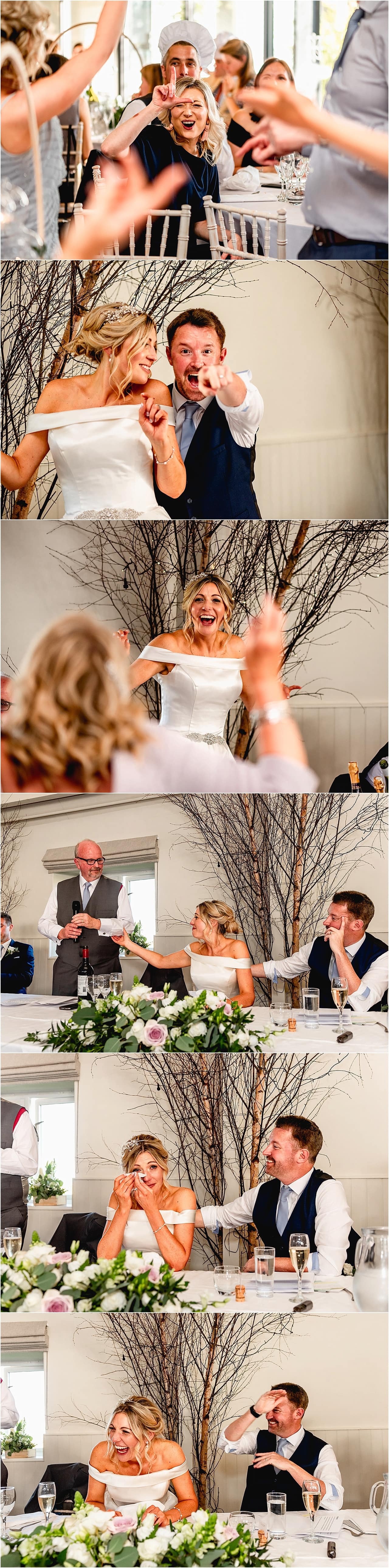 Lively speeches and dancing during wedding reception.