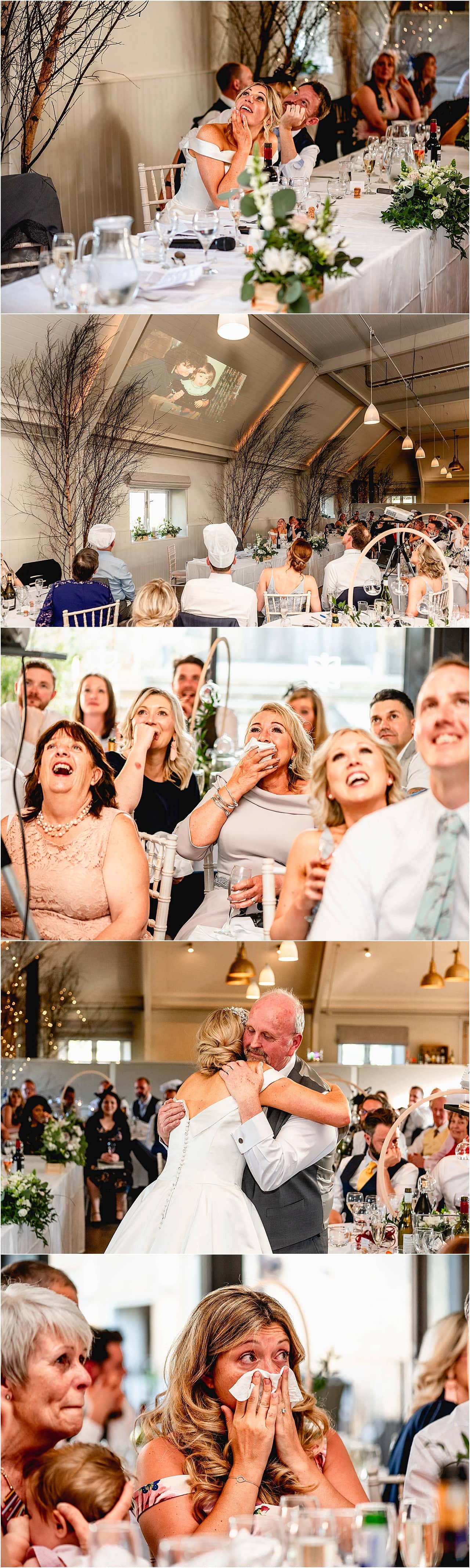 Emotional speeches during a wedding reception at Lapstone Barn; bride and her Dad hug.