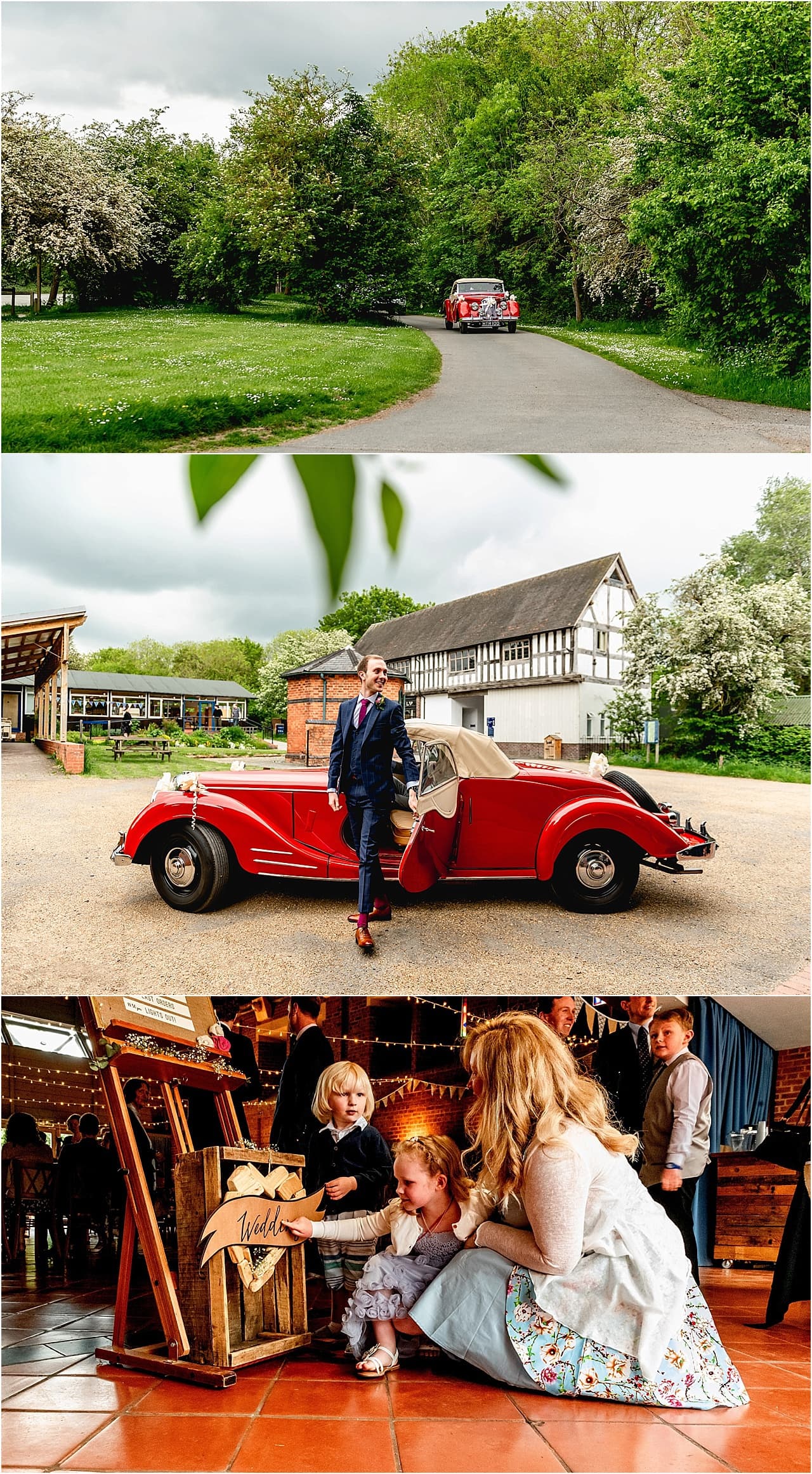 Groom arrives for a wedding at Avoncroft Museum in a vintage red sports car.